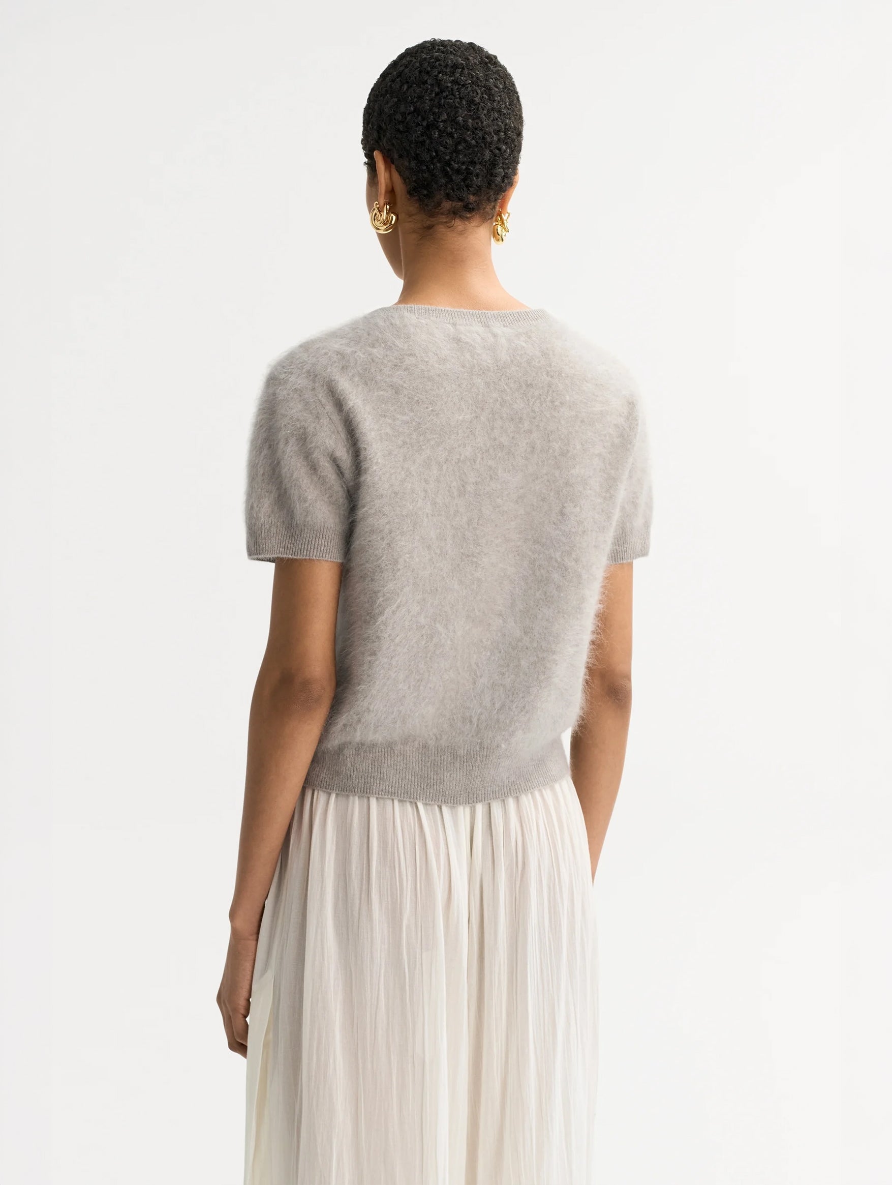 Brushed Cashmere Short Sleeve Cardigan in Greige