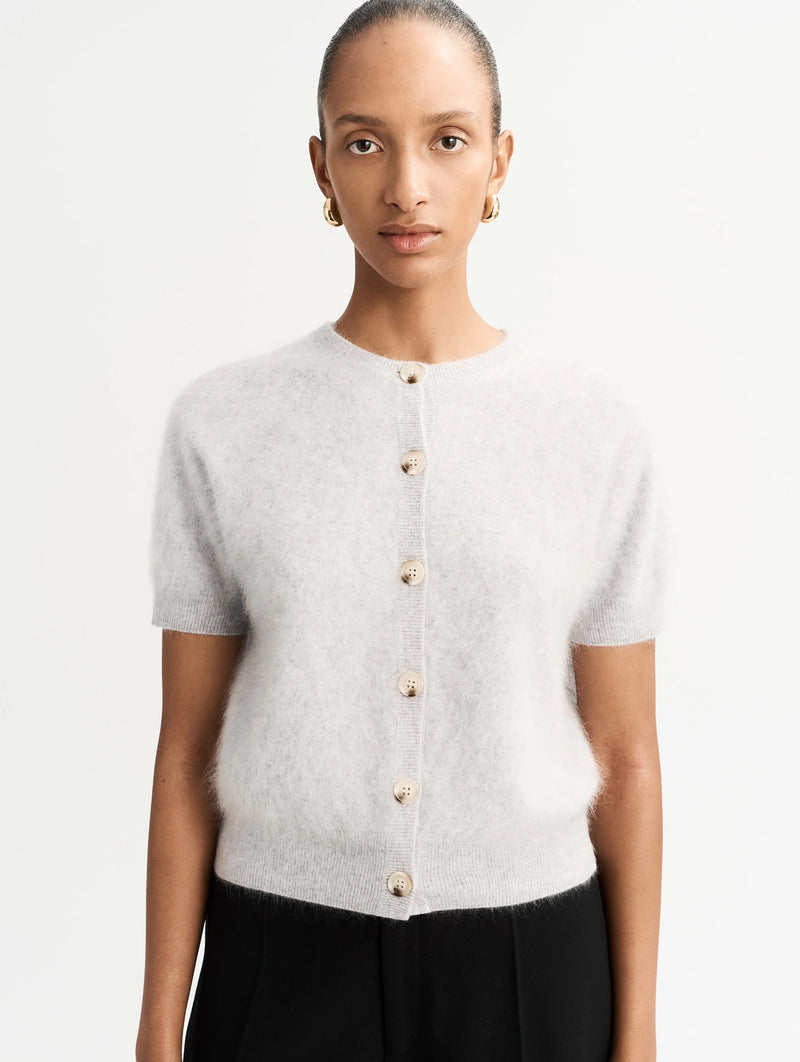 Brushed Cashmere Short Sleeve Cardigan in Grey
