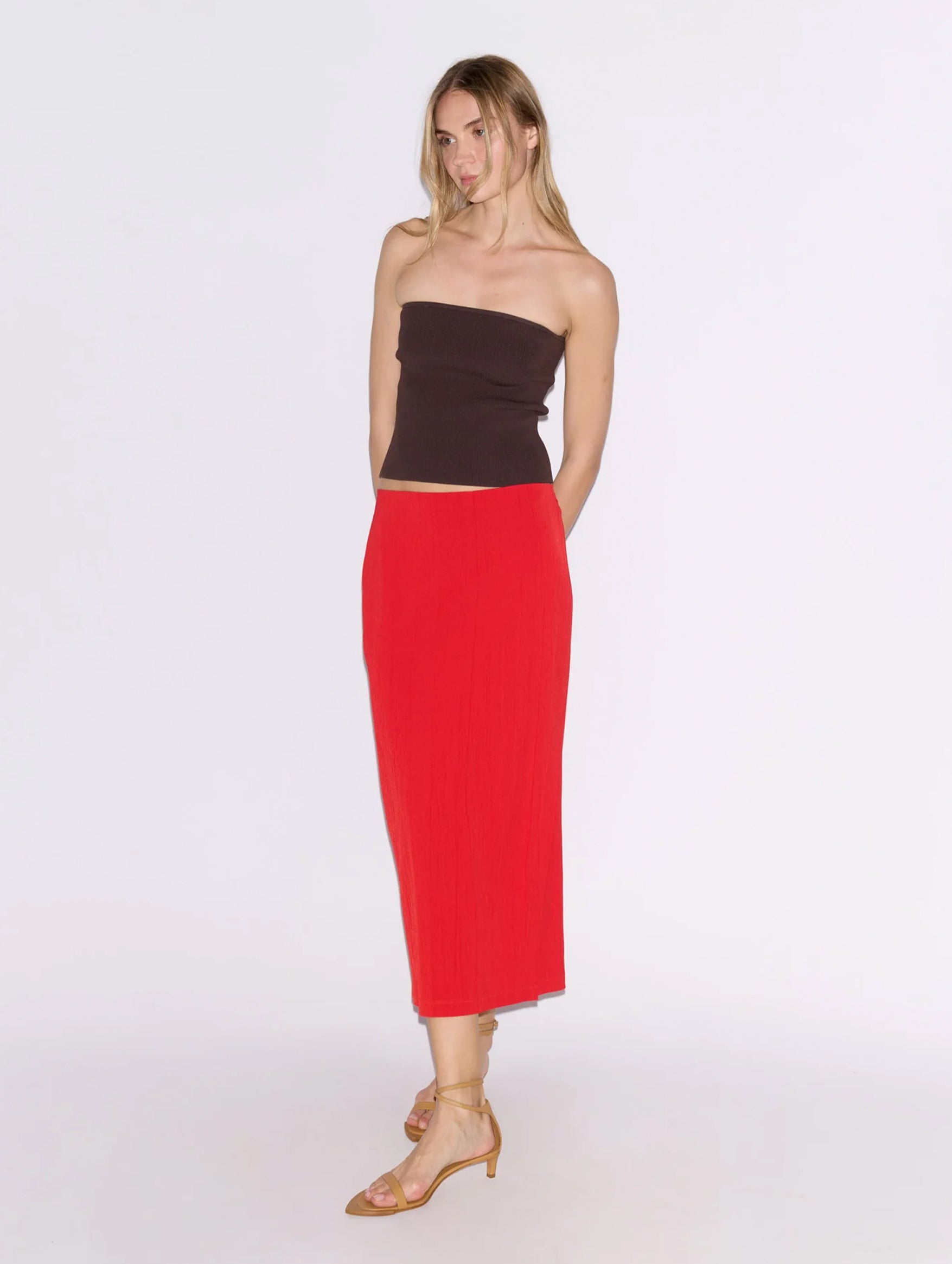 Creased Stretch Crepe Skirt in Red