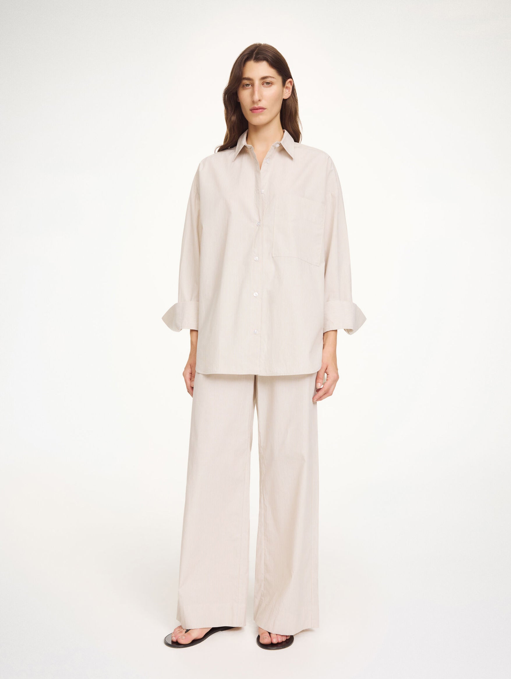 Derris Organic Cotton Shirt in Beige Thin Stripe