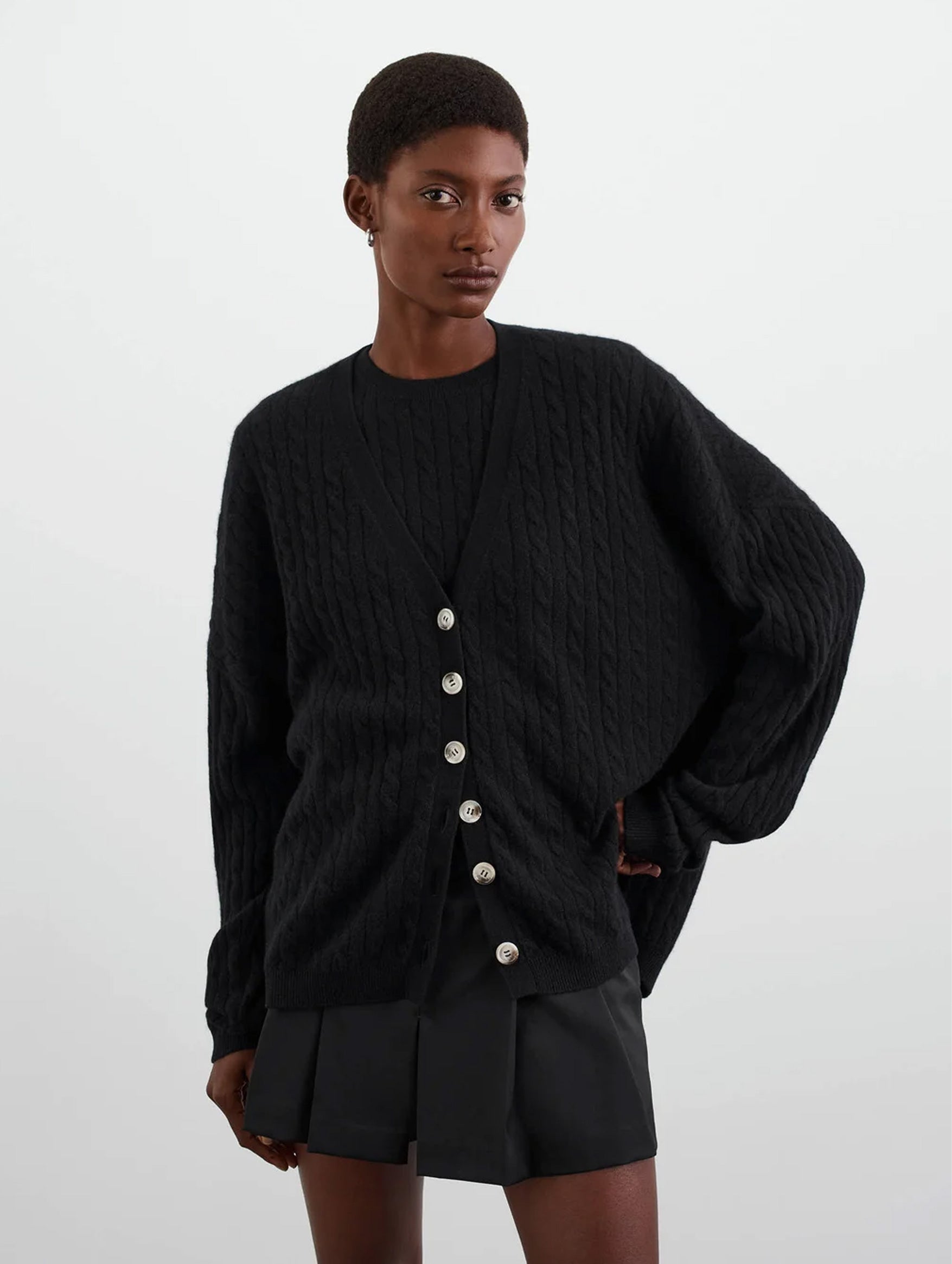 Cable Knit Cashmere Cardigan in Black