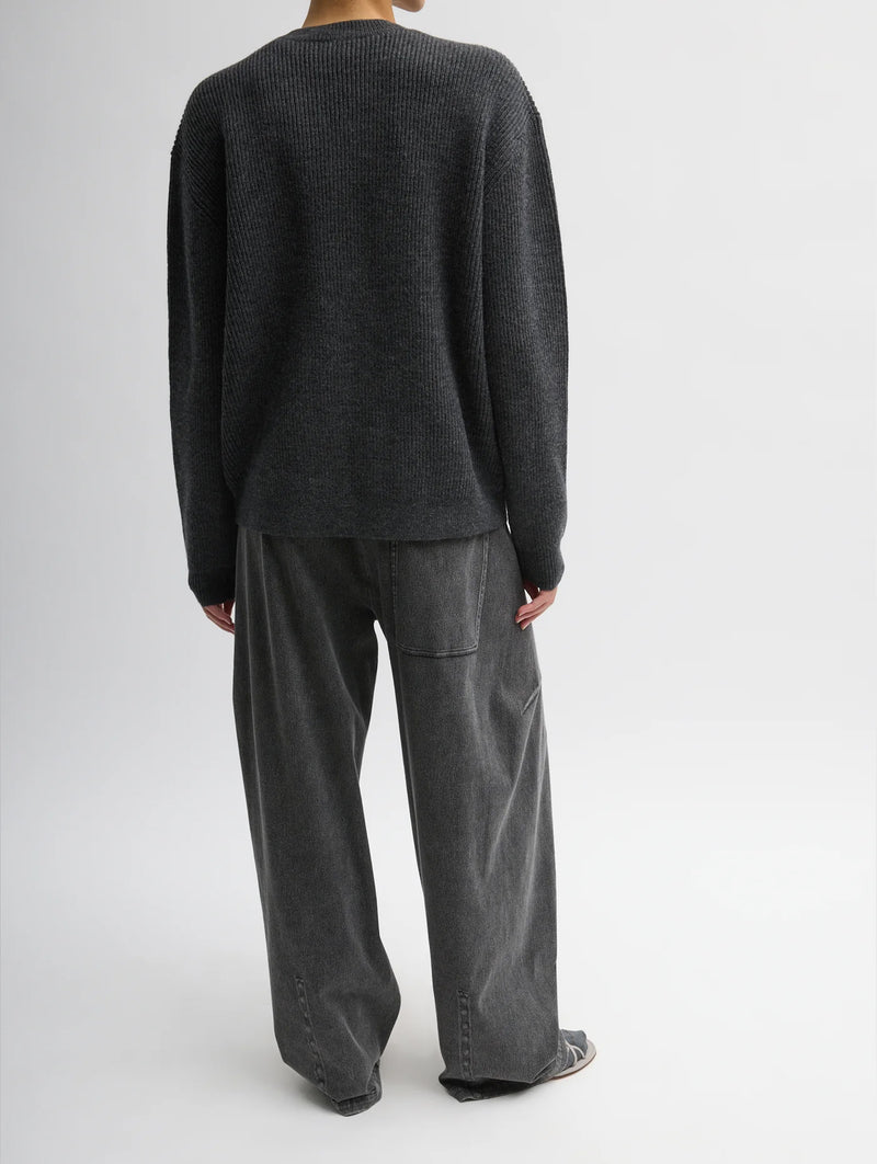 Cardigan Stitch Spilt Front Crewneck Easy Pullover in Heather Grey