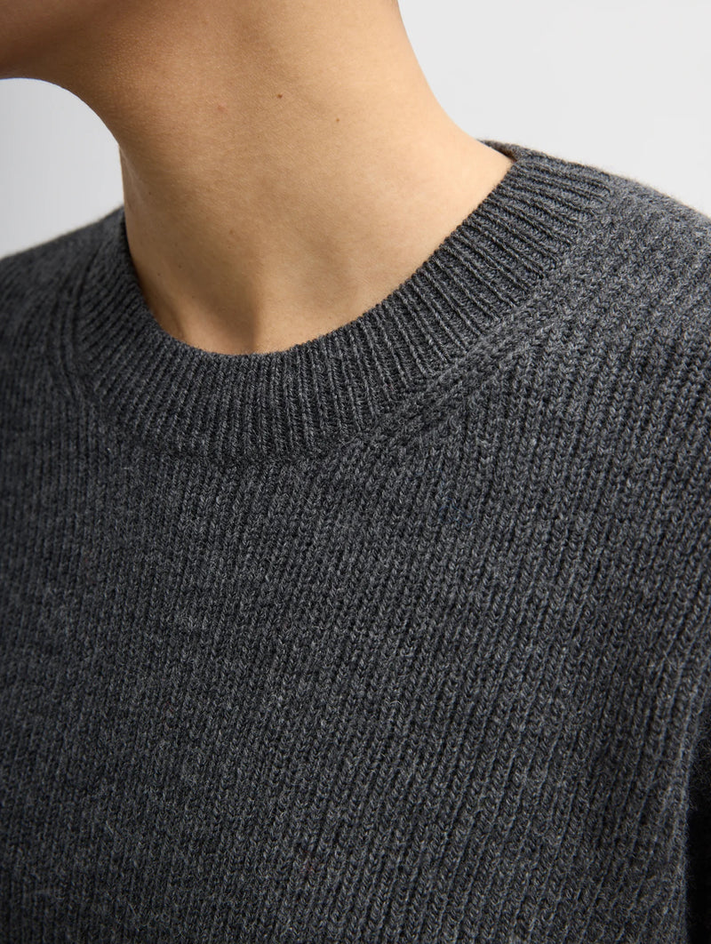 Cardigan Stitch Spilt Front Crewneck Easy Pullover in Heather Grey