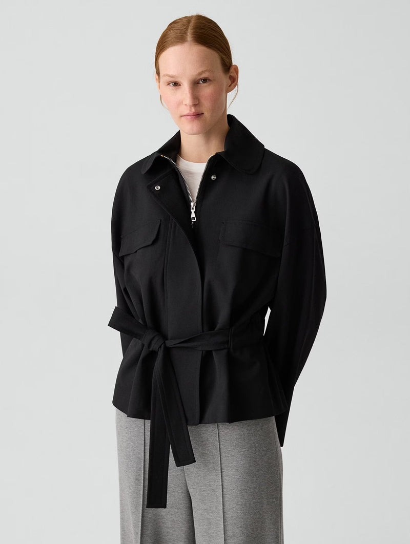 Cinched Wool Flight Jacket in Black