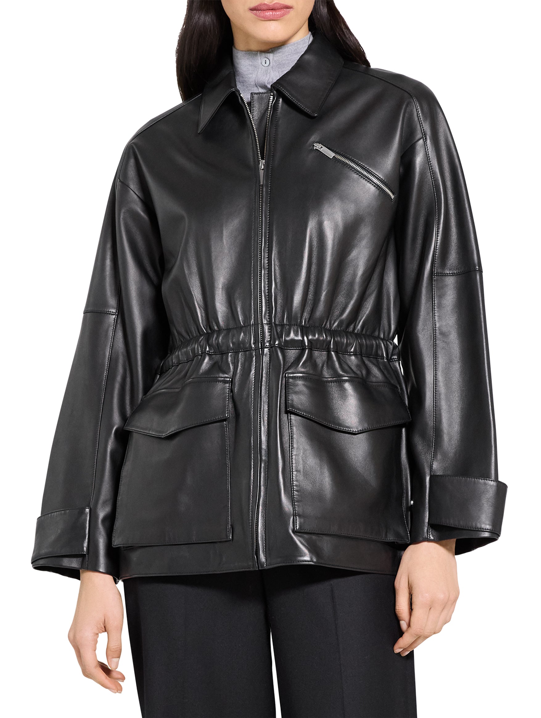 Cinch Zip Leather Jacket in Black