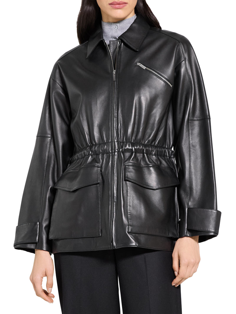 Cinch Zip Leather Jacket in Black