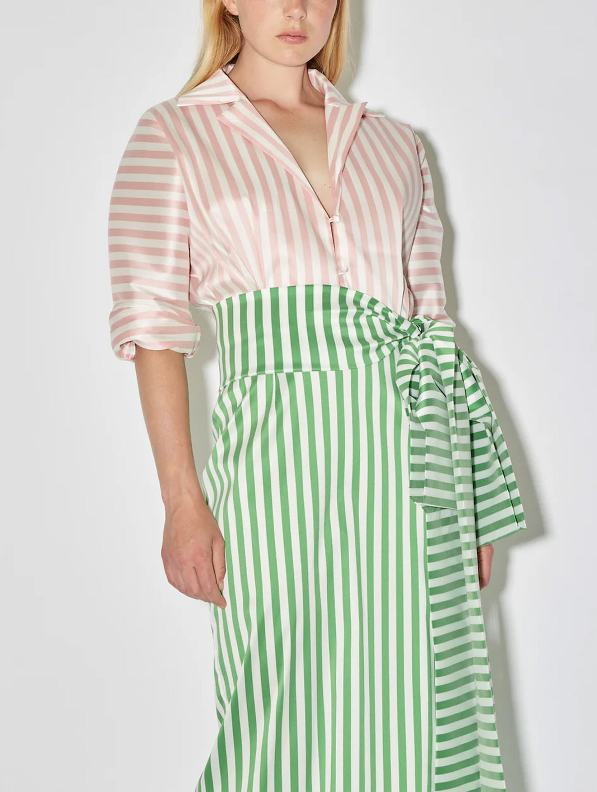 Claire Stripe Dress in Grass Green & Blush Pink