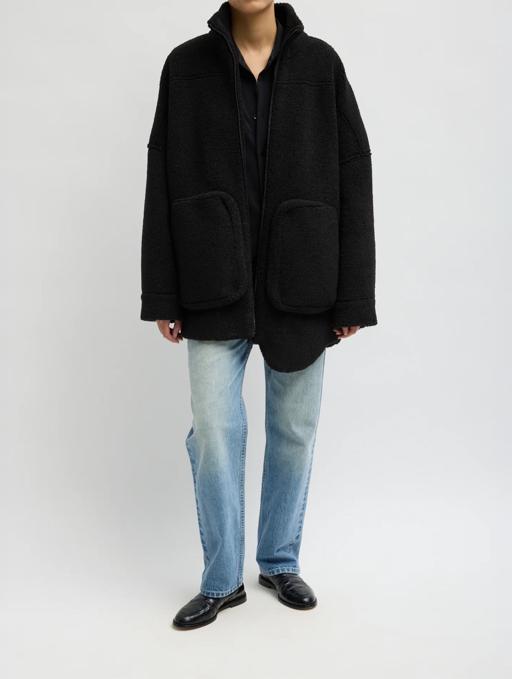 Cozy Fleece Cubic Zip Up Bomber in Black