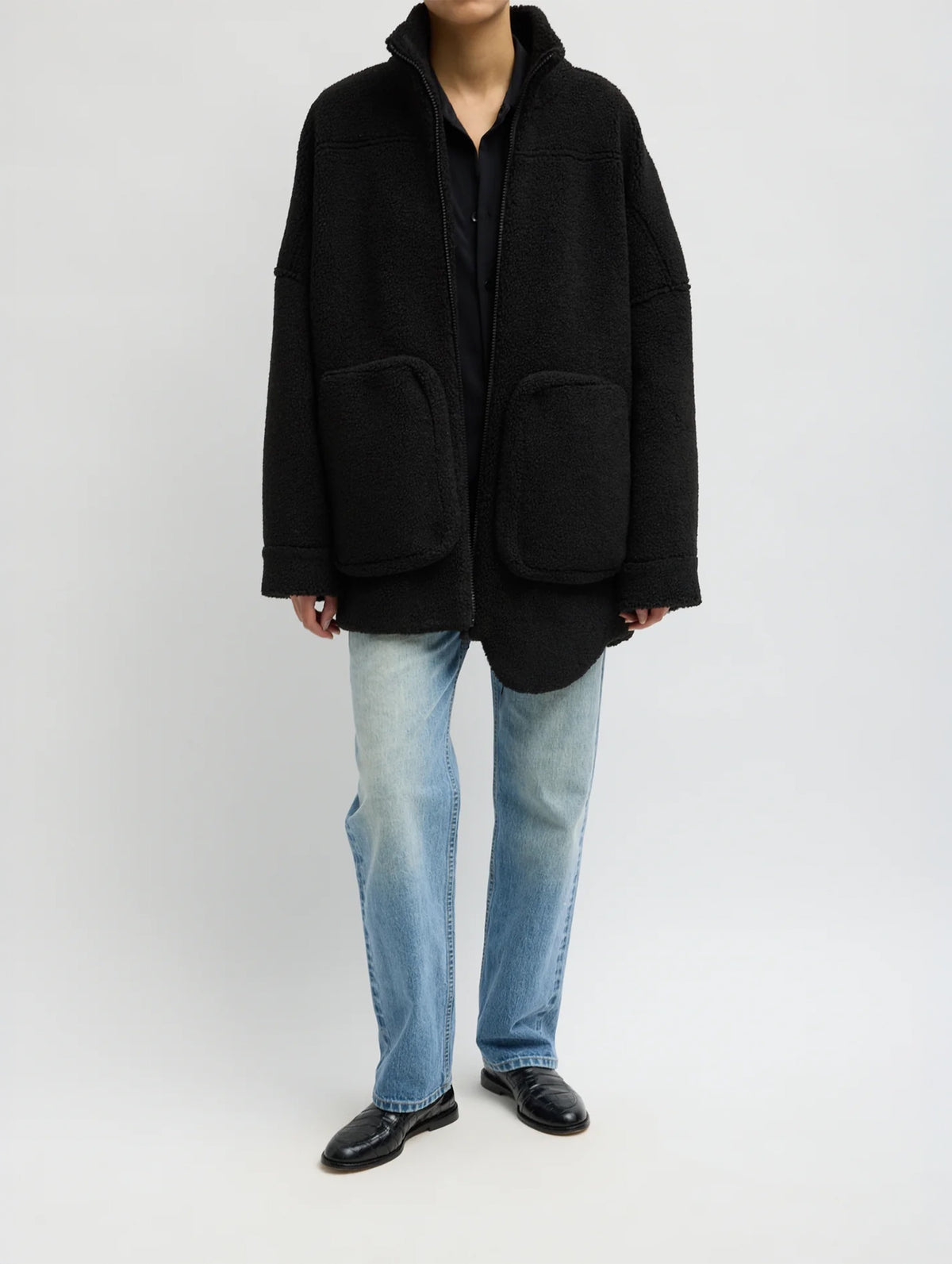 Cozy Fleece Cubic Zip Up Bomber in Black