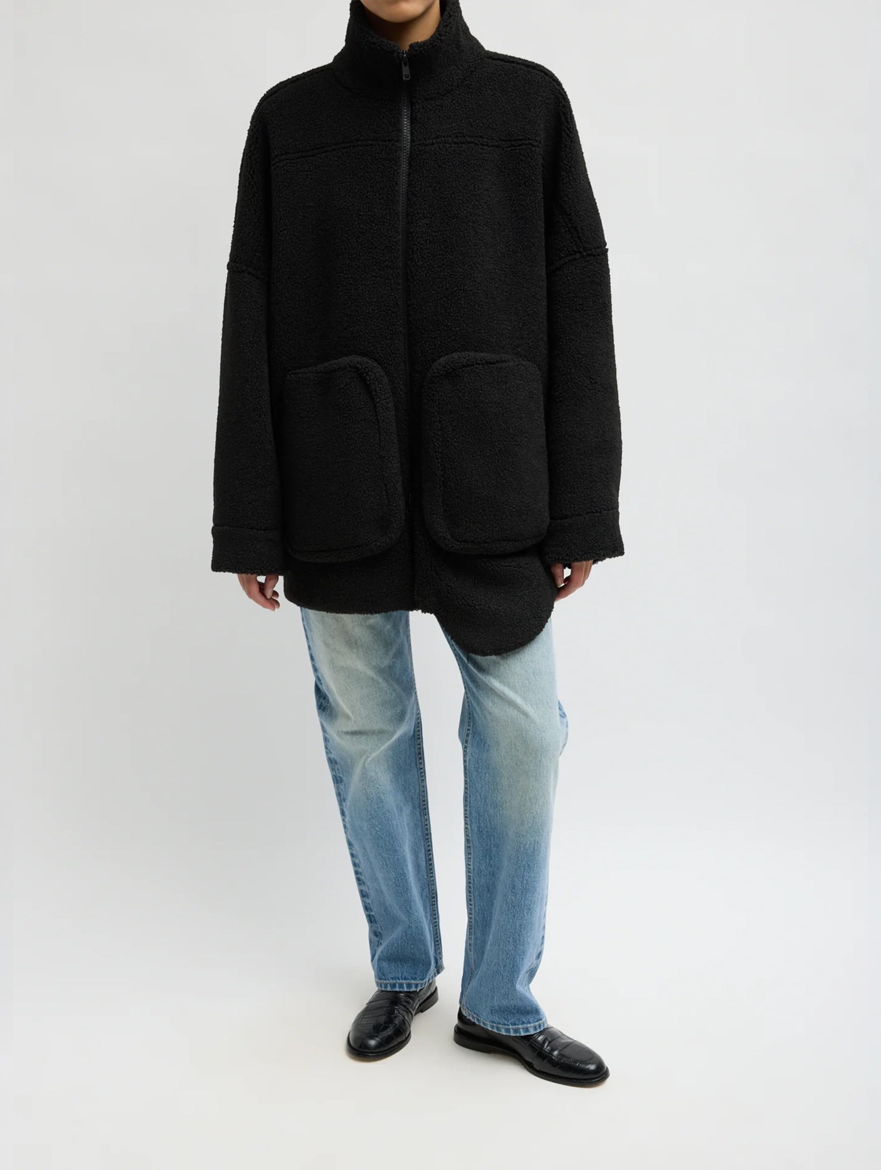 Cozy Fleece Cubic Zip Up Bomber in Black