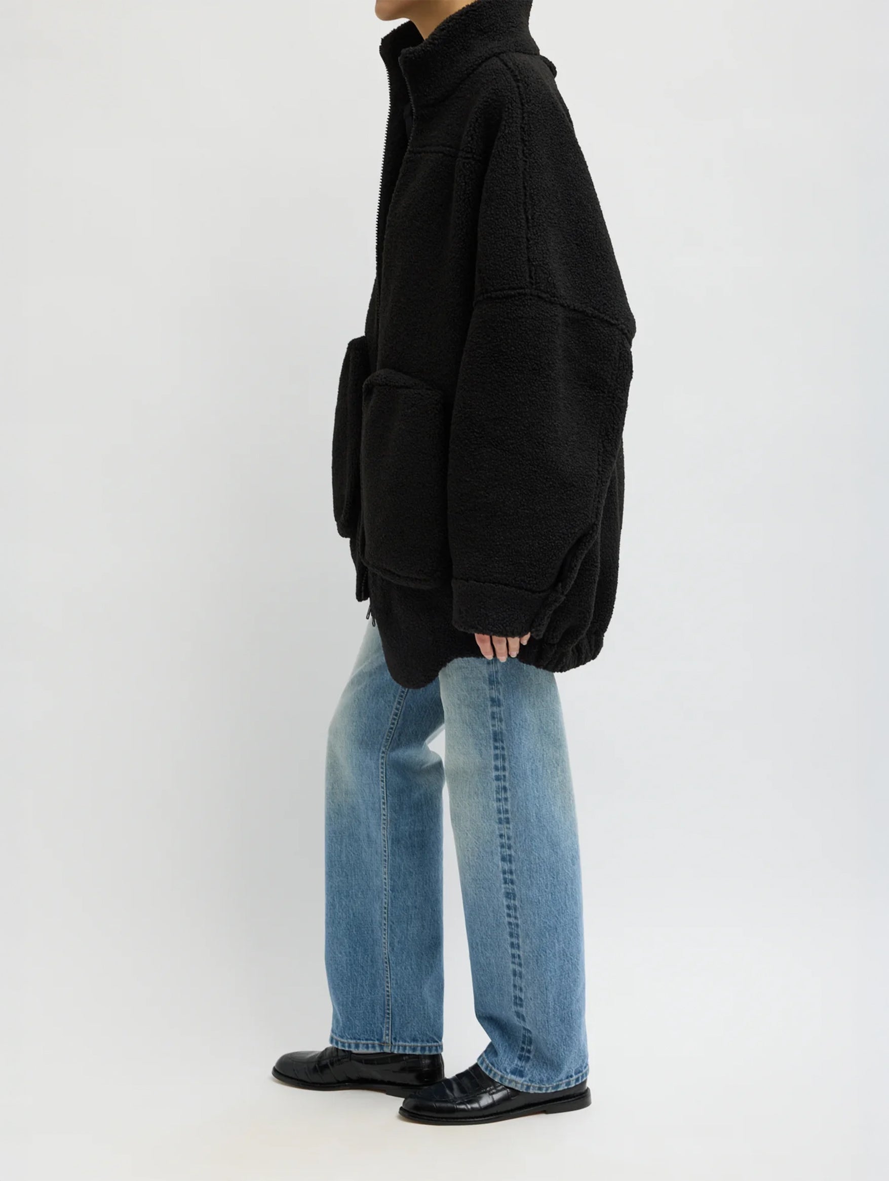 Cozy Fleece Cubic Zip Up Bomber in Black