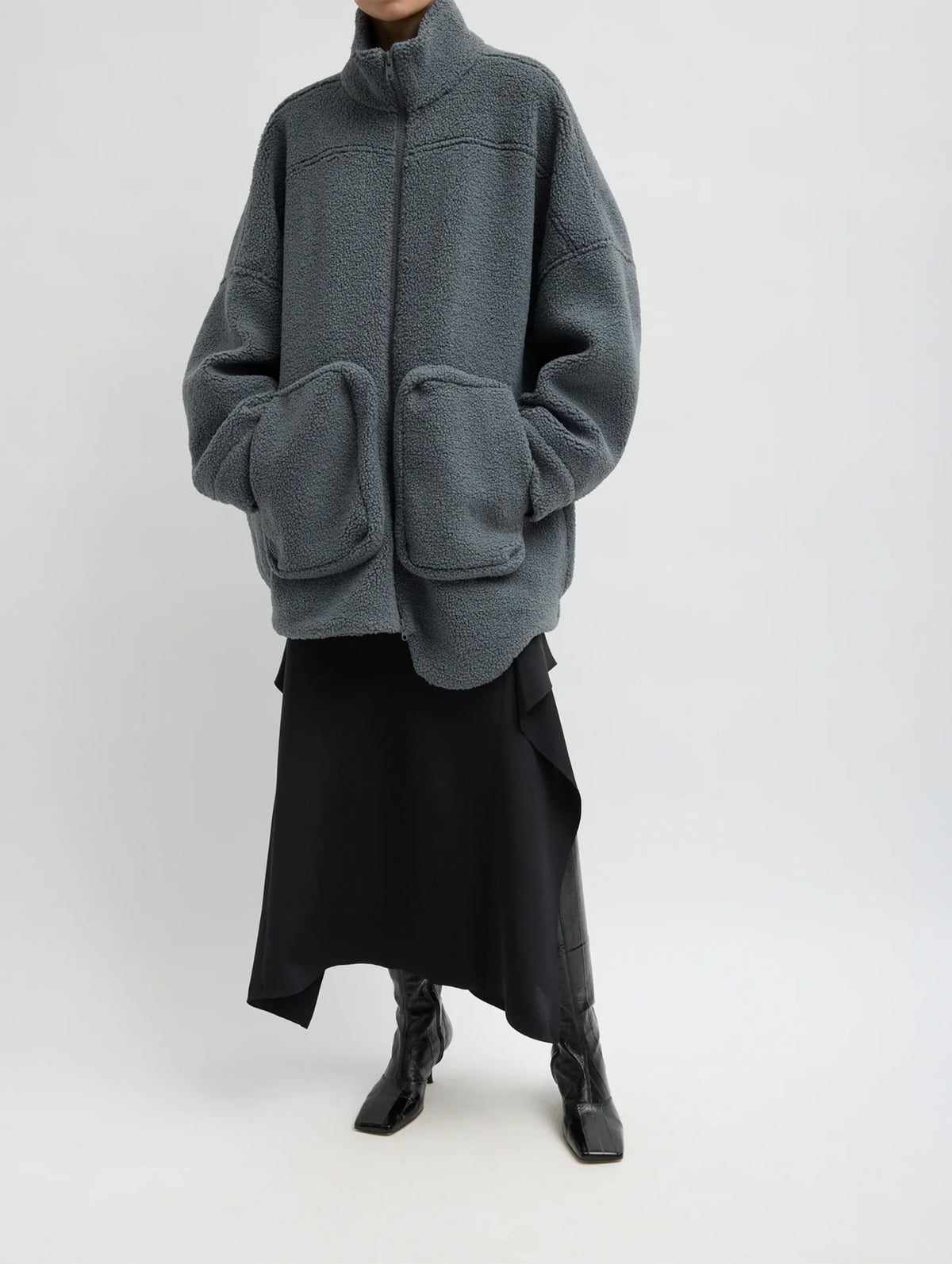 Cozy Fleece Cubic Zip Up Bomber in Grey