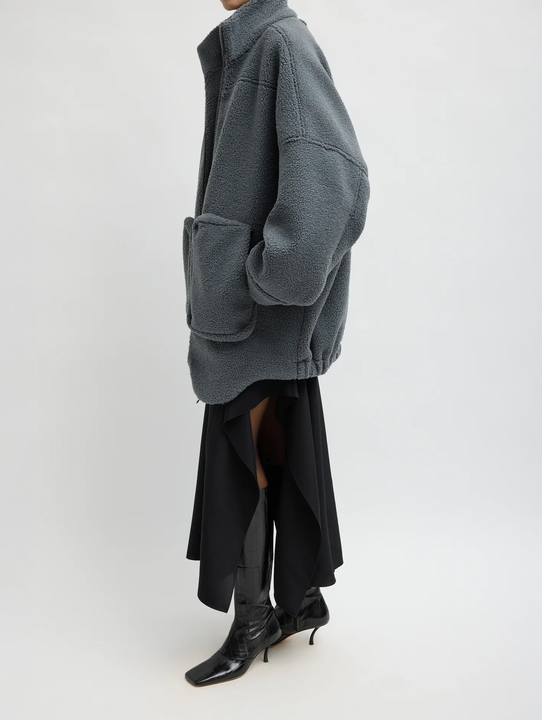 Cozy Fleece Cubic Zip Up Bomber in Grey