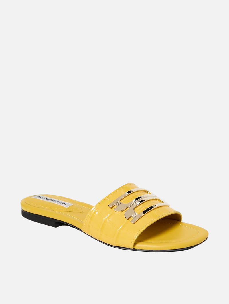 Croc Effect Logo Leather Slides in Yellow