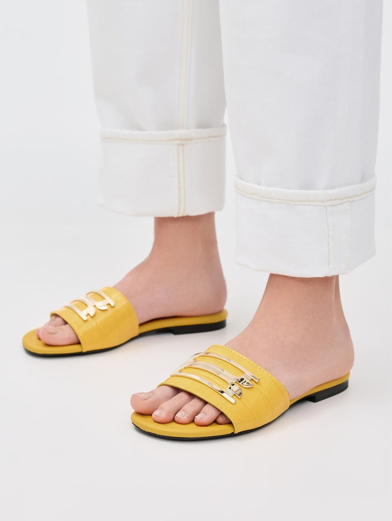 Croc Effect Logo Leather Slides in Yellow
