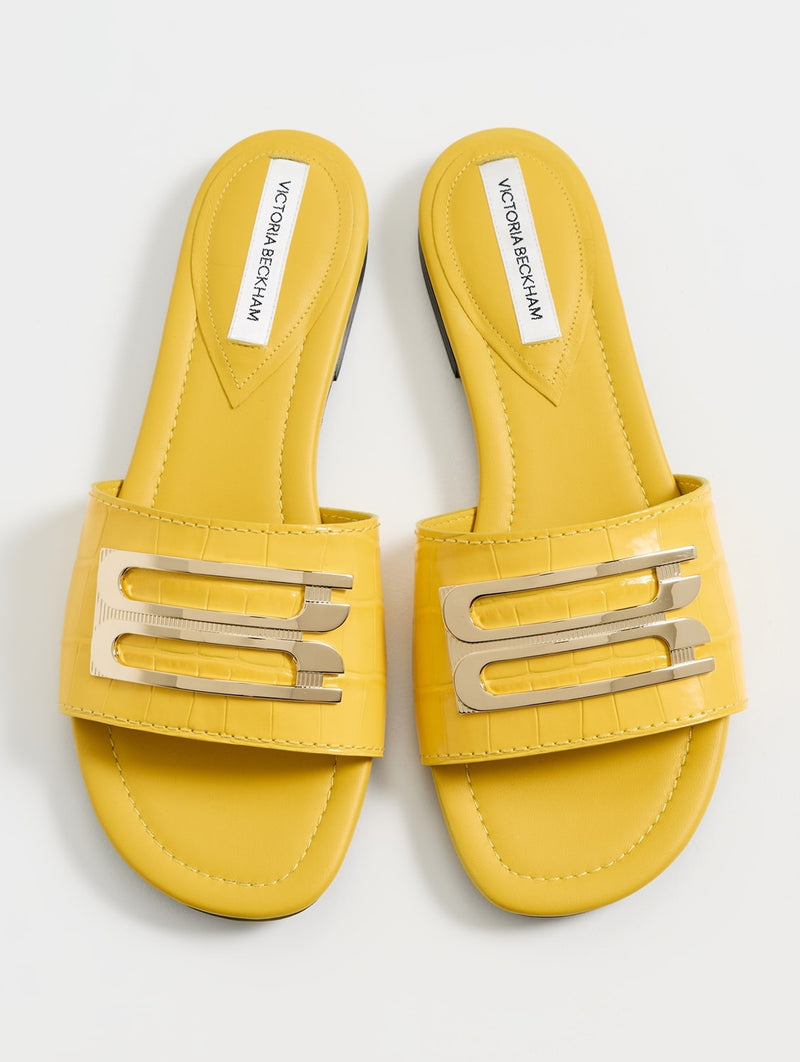 Croc Effect Logo Leather Slides in Yellow