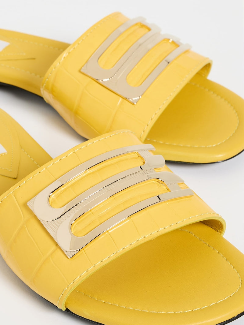 Croc Effect Logo Leather Slides in Yellow