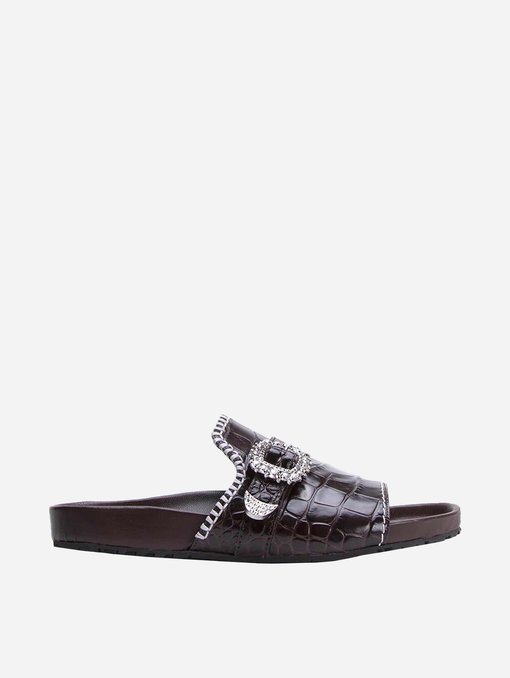 Crystal Buckle Leather Sandal in Black