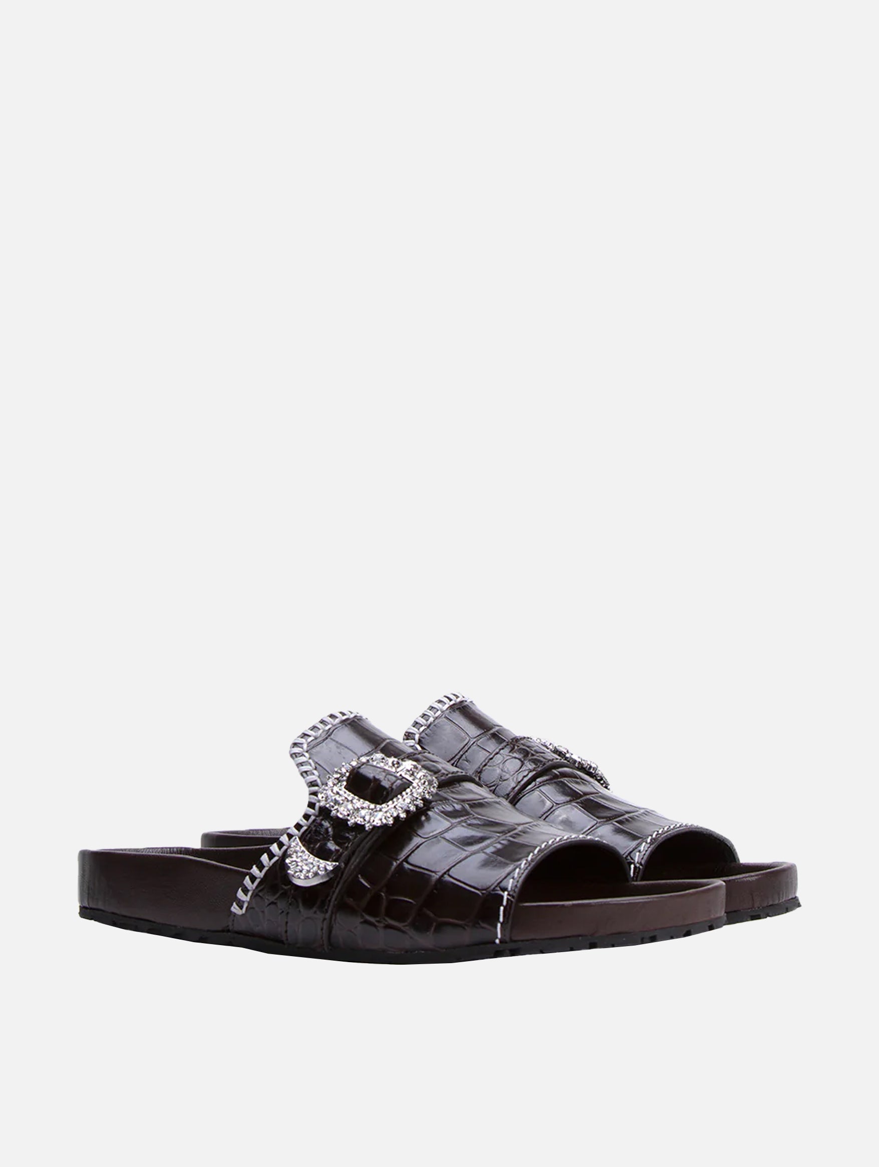 Crystal Buckle Leather Sandal in Black