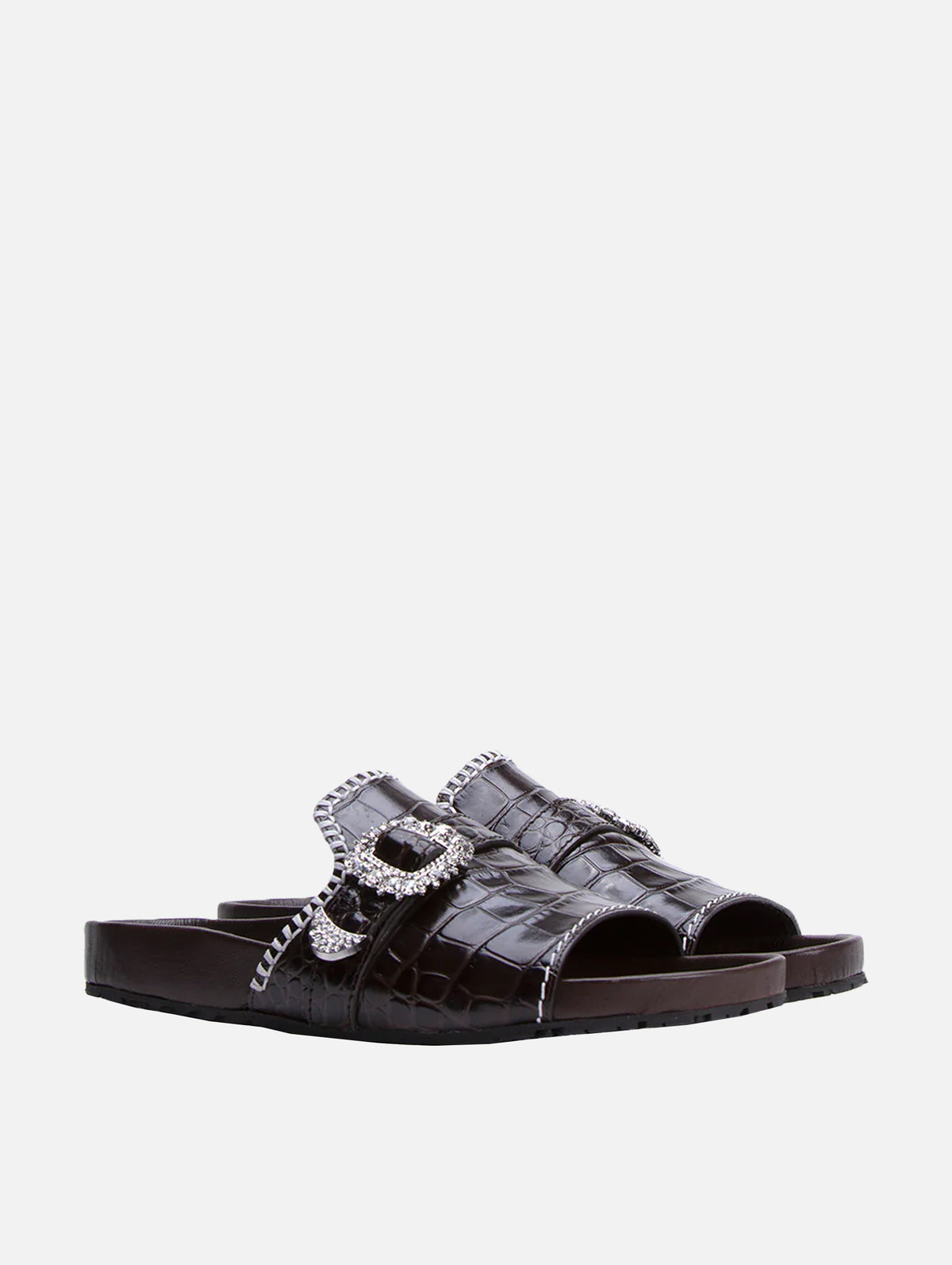 Crystal Buckle Leather Sandal in Brown