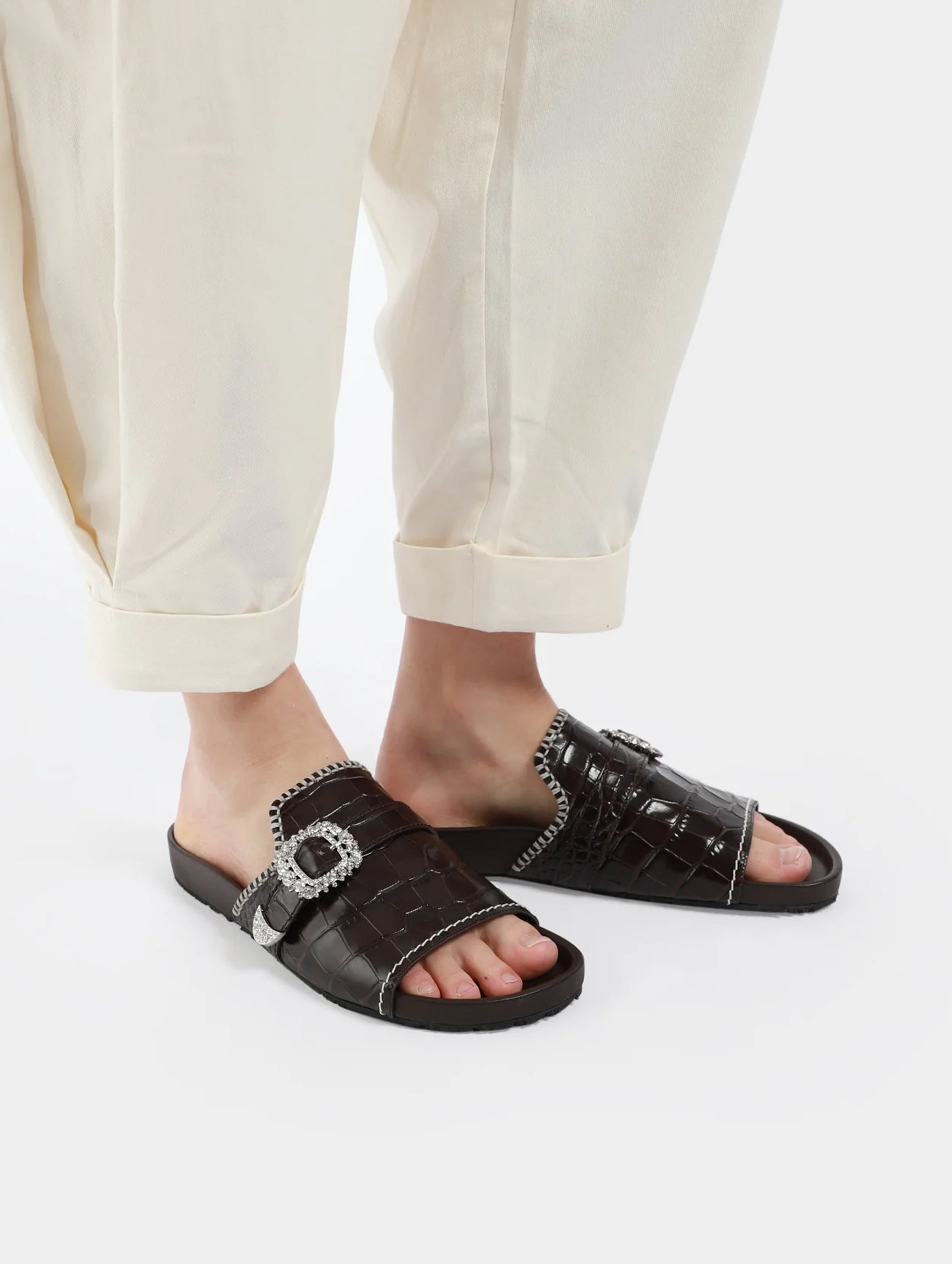 Crystal Buckle Leather Sandal in Black