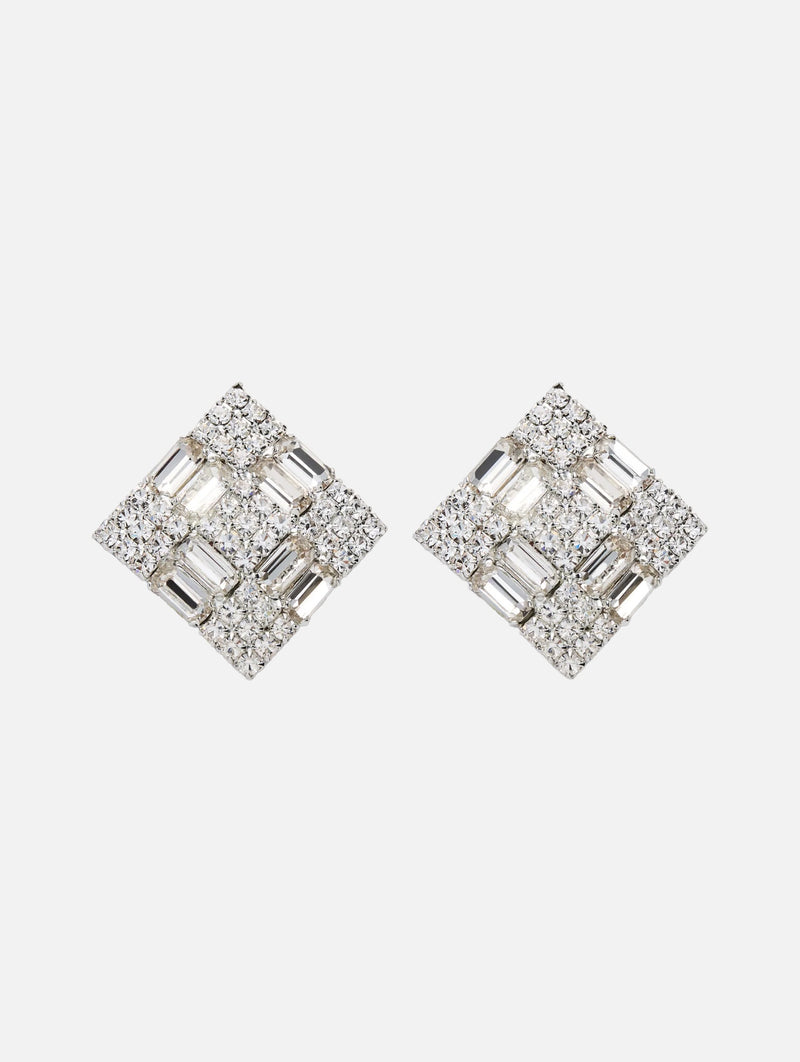 Crystal Checkerboard Stud Earrings in Silver