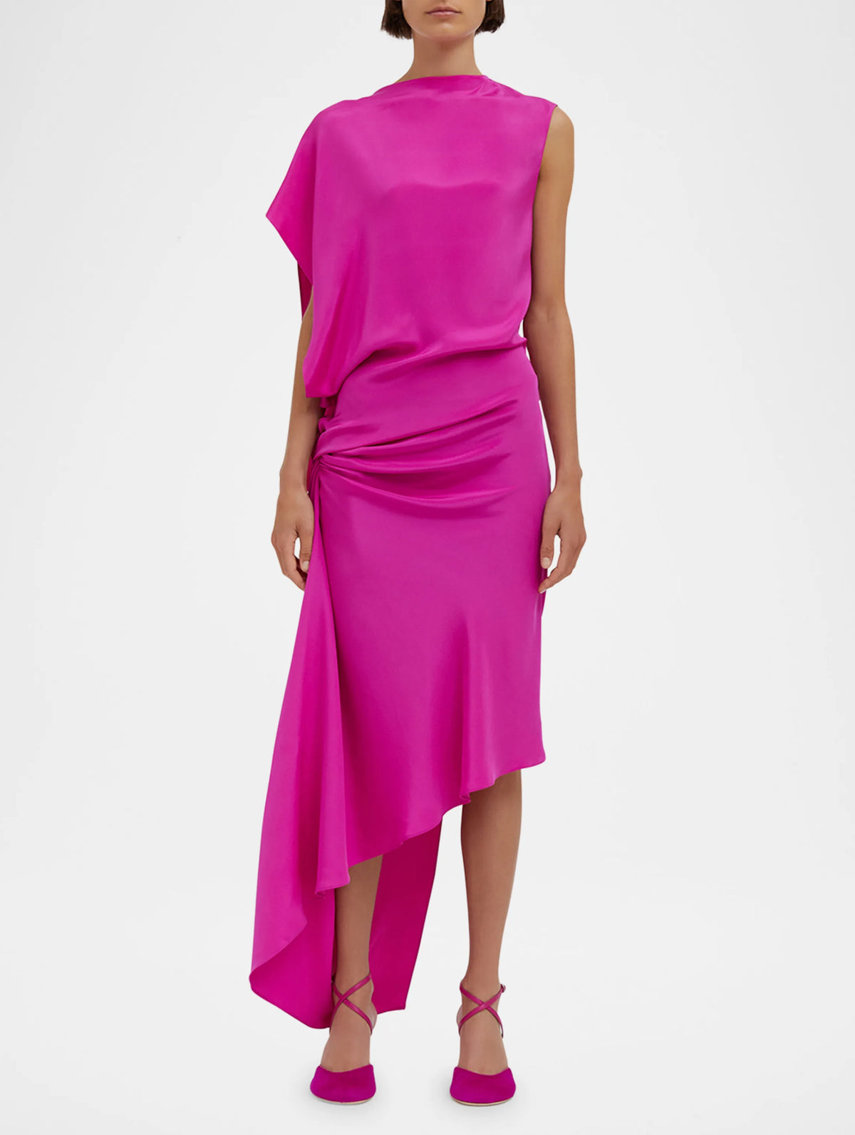 Cusco Silk Drape Midi Dress in Rhodamine