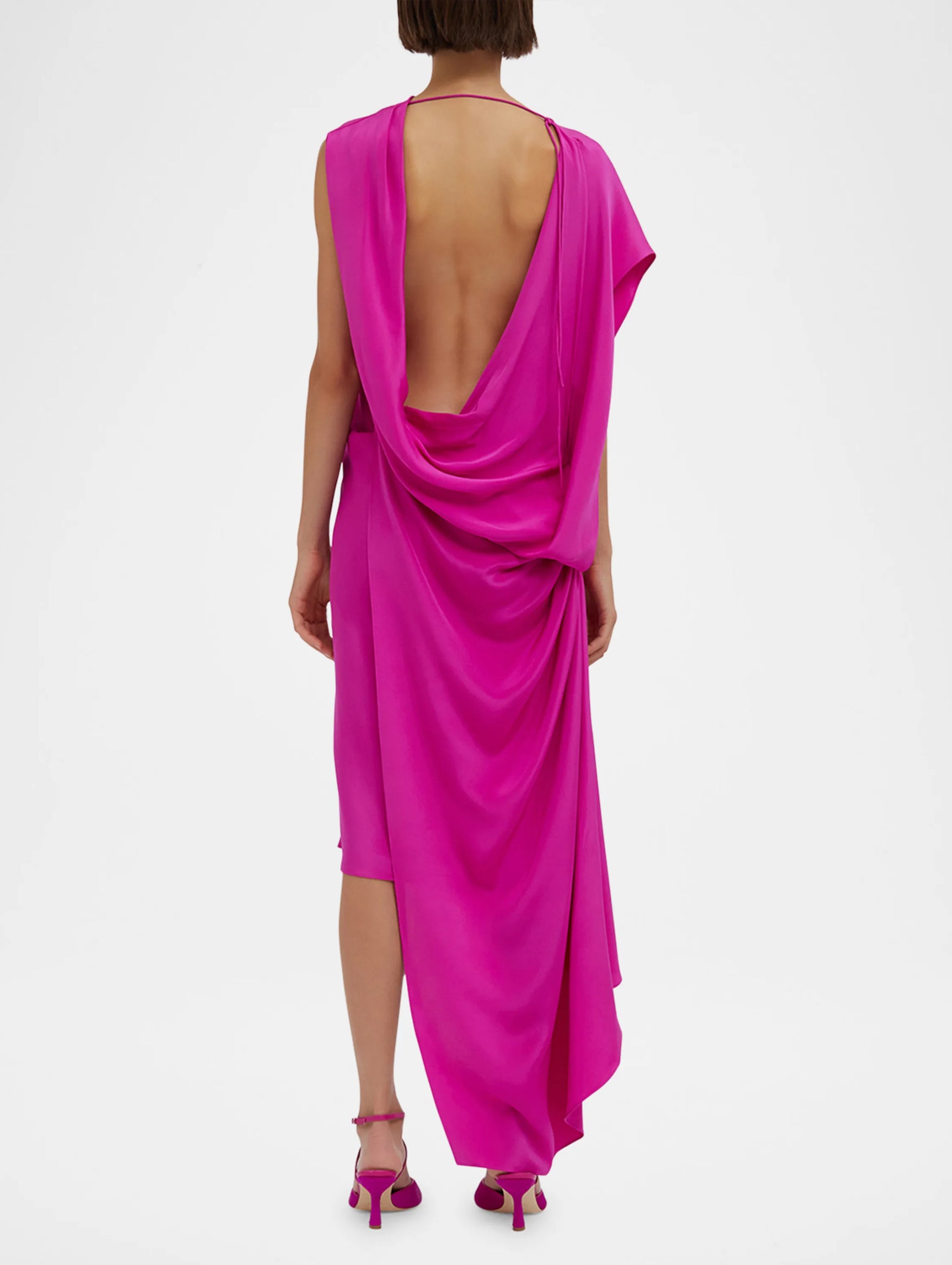 Cusco Silk Drape Midi Dress in Rhodamine