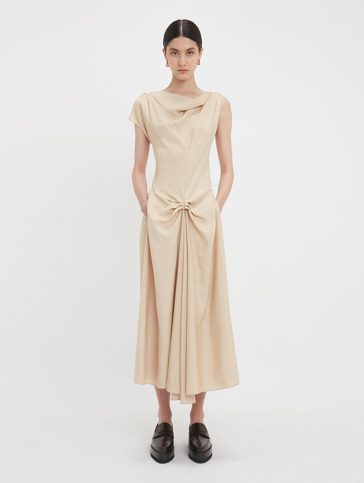 Deconstructed Gathered Waist Midi Dress In Pink Mist