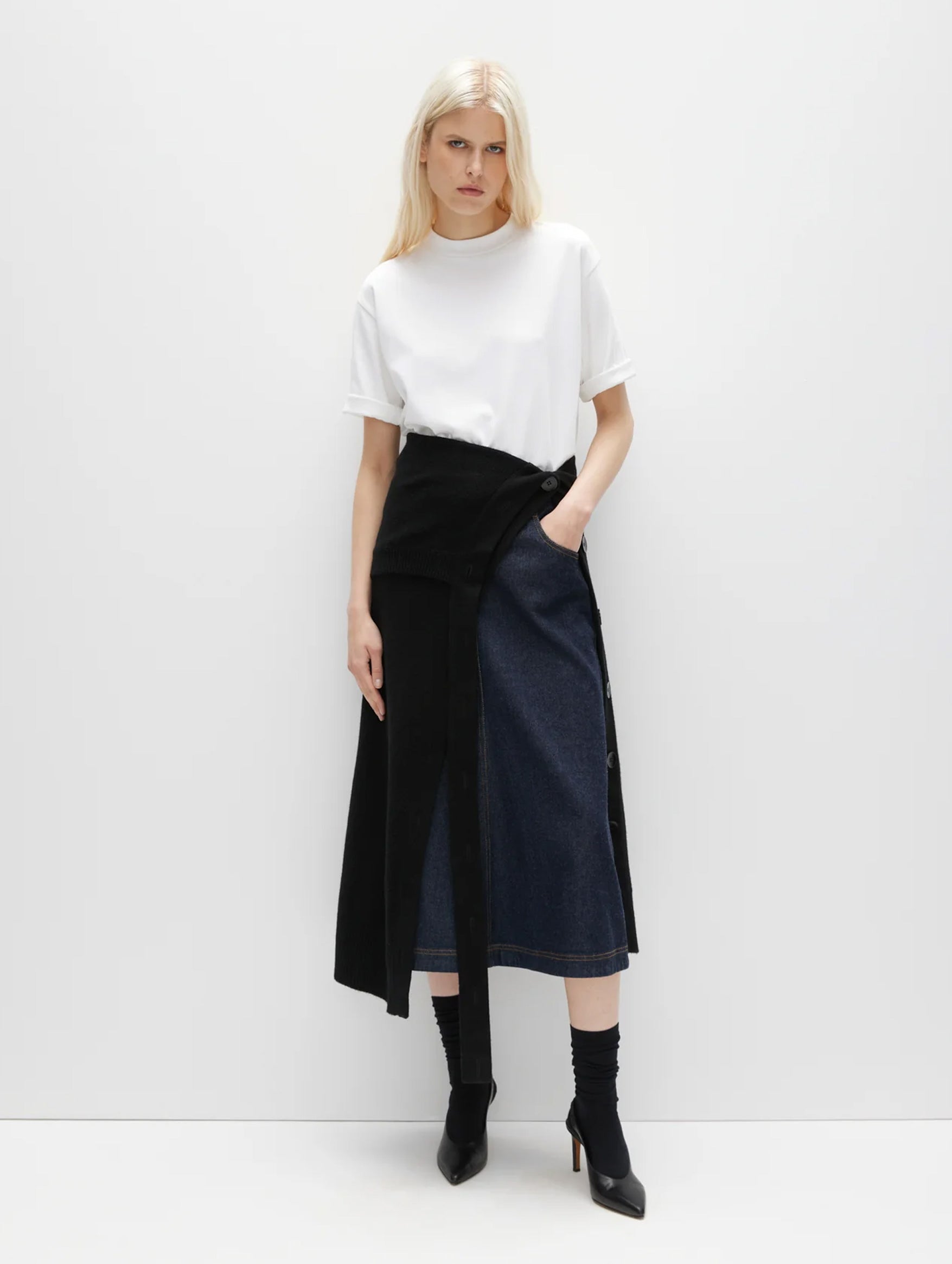 A-Line Midi Skirt in Indigo Denim