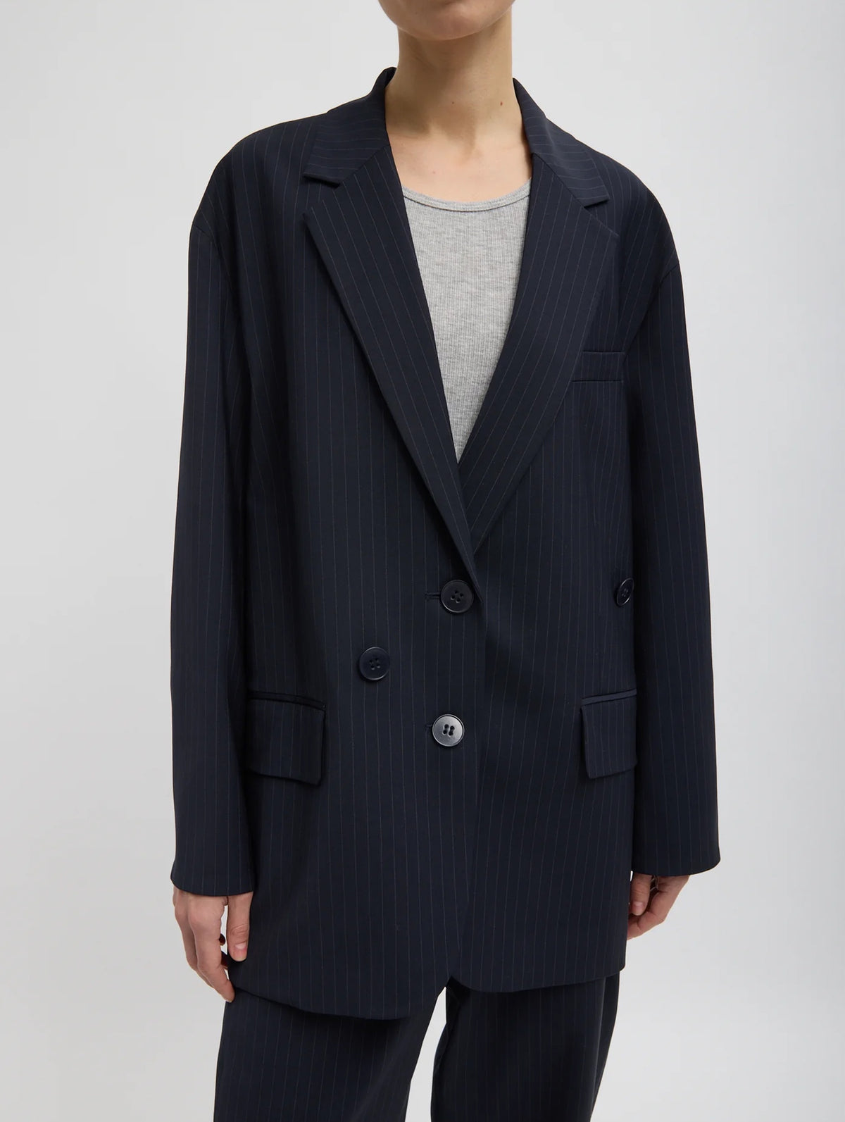 Dominic Pinstripe Detached Lapel Liam Blazer in Navy