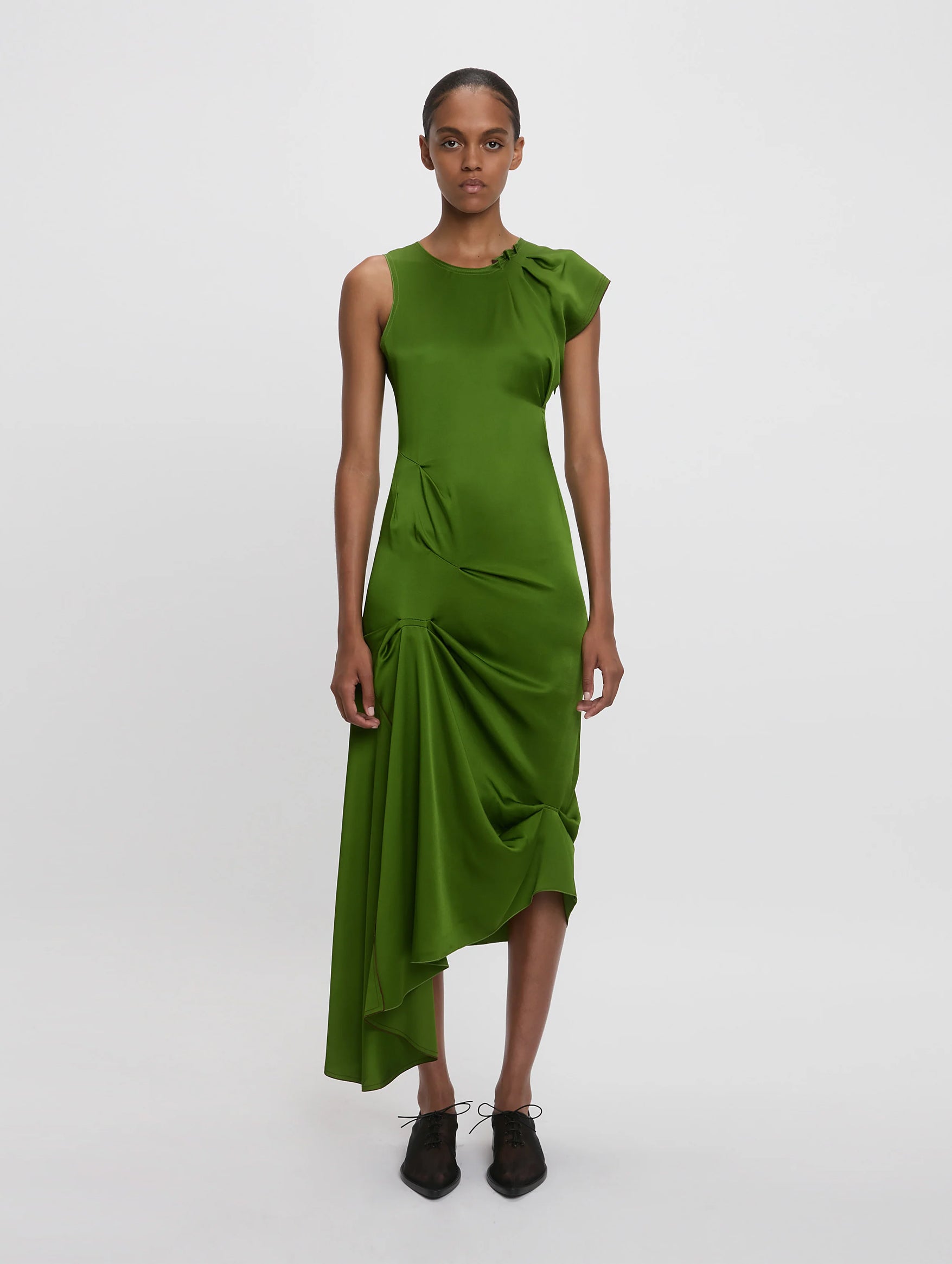 Draped Tuck Detail Midi Dress in Algae