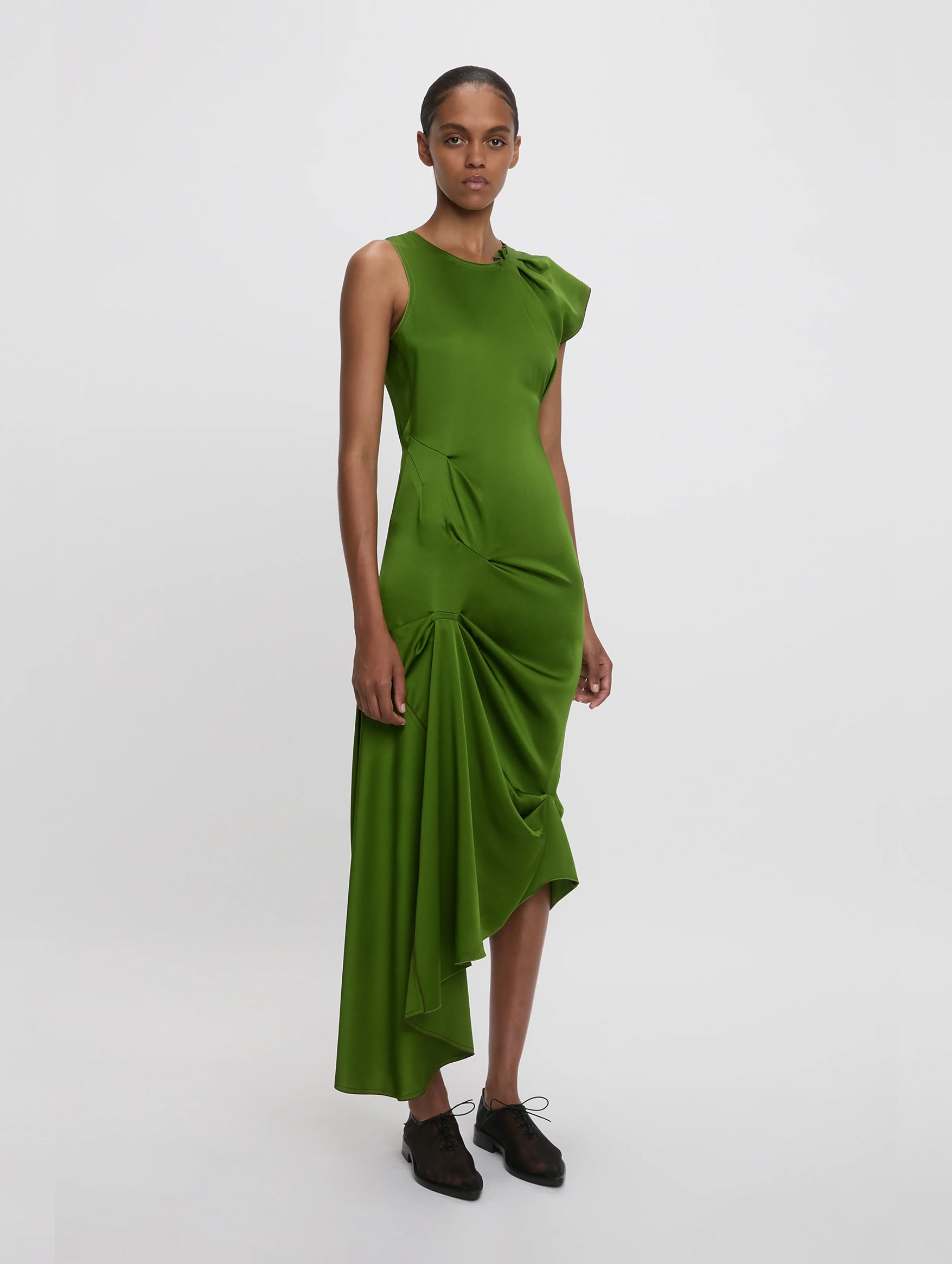 Draped Tuck Detail Midi Dress in Algae