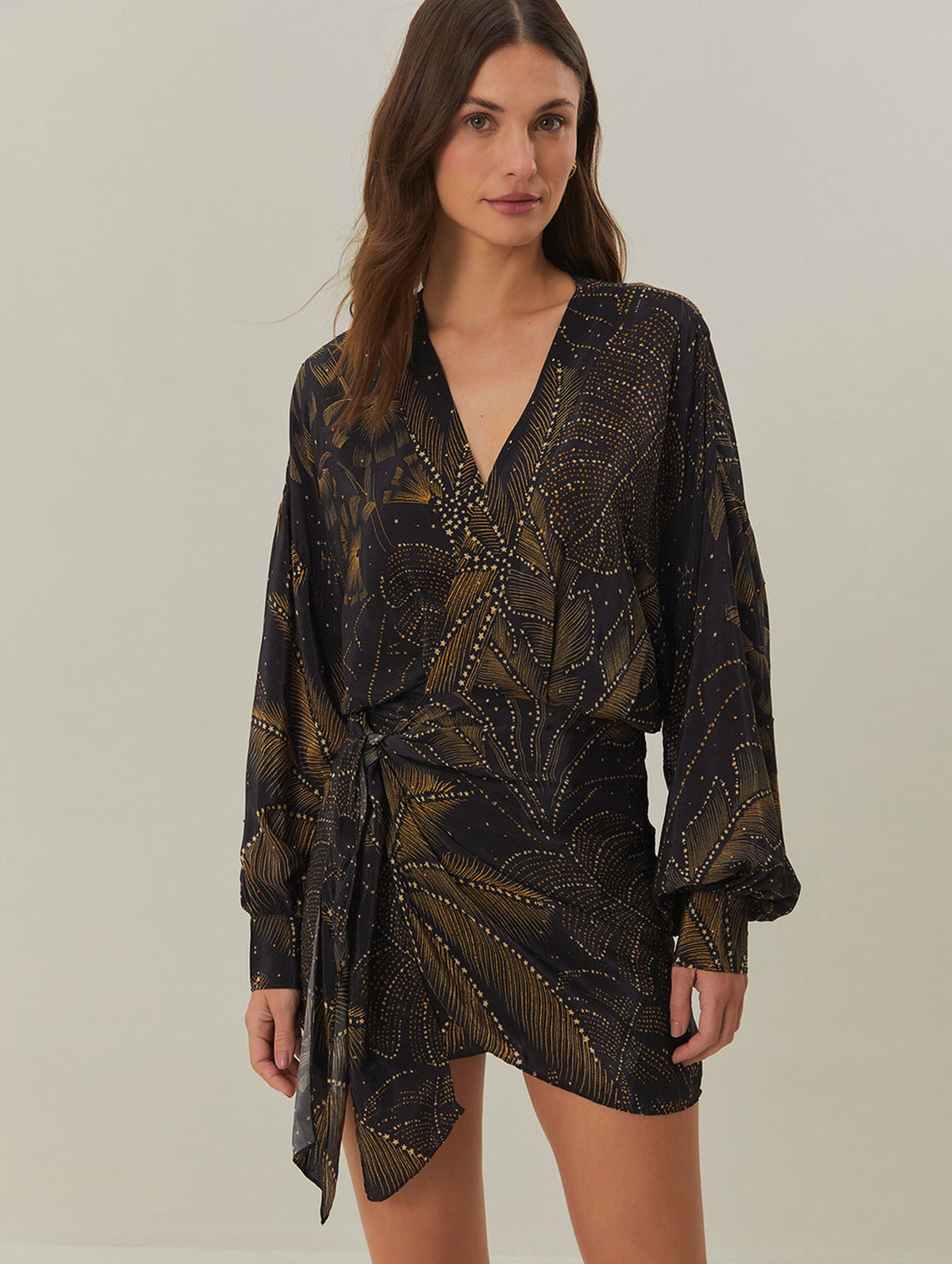 Puffy Sleeve Mini Dress in Golden Foliage