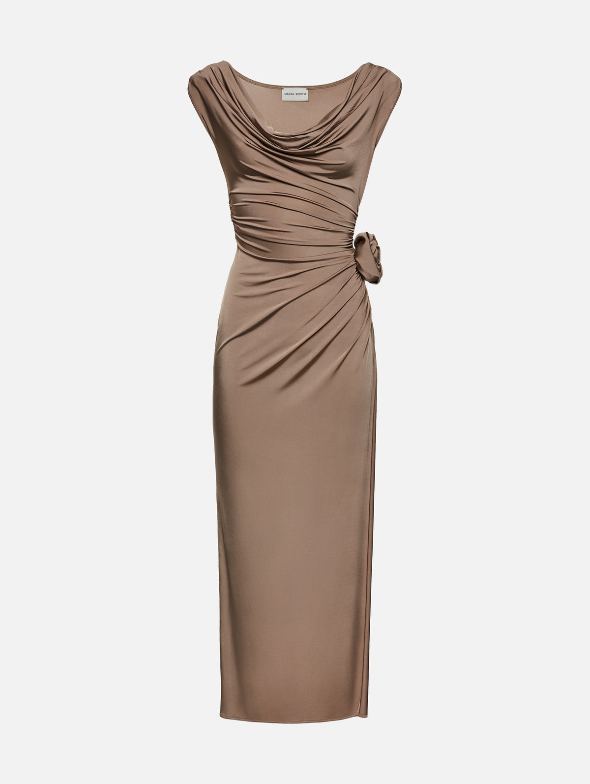 Cowl Neck Jersey Midi Dress in Beige