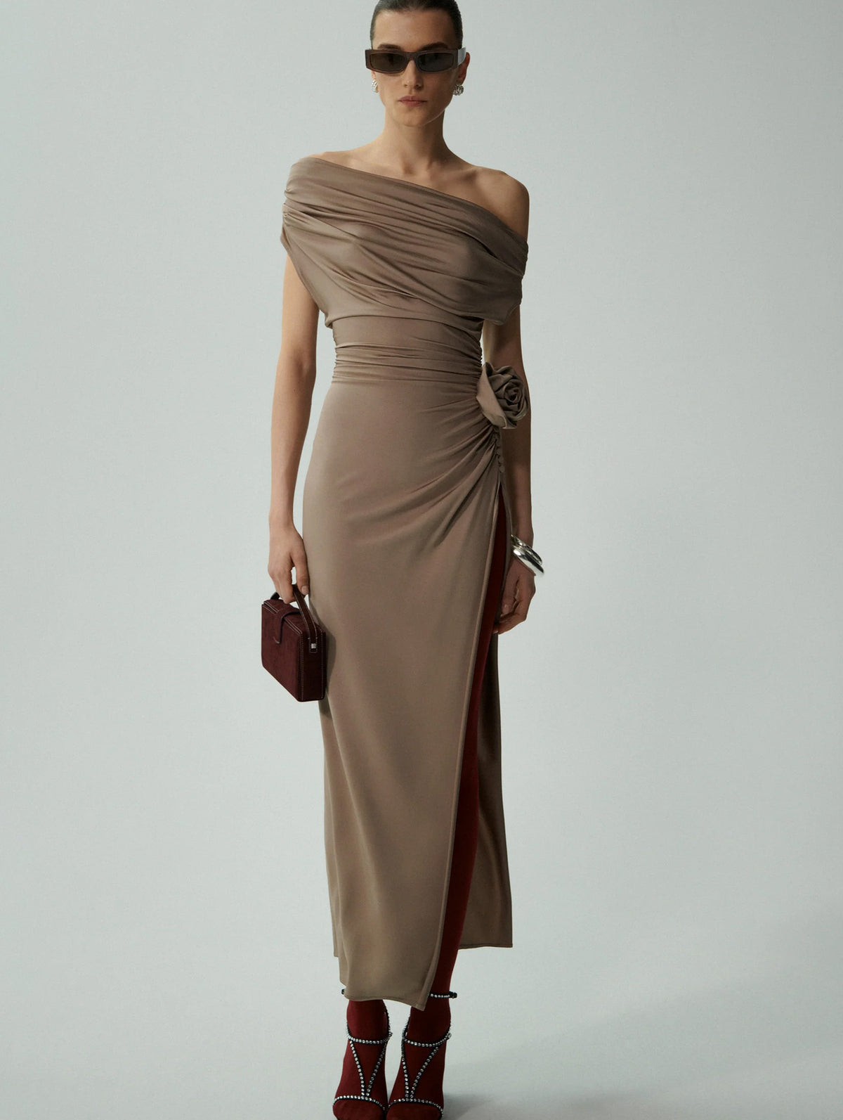 Cowl Neck Jersey Midi Dress in Beige