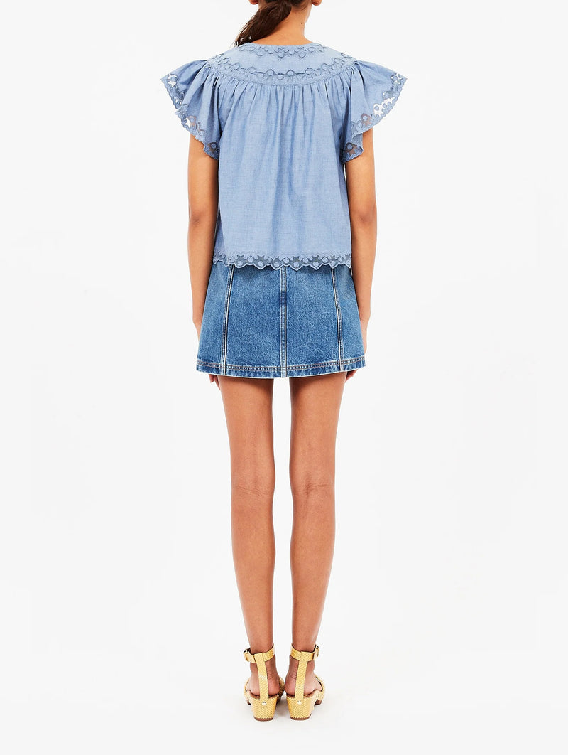 Effie Flutter Sleeve Top in Chambray