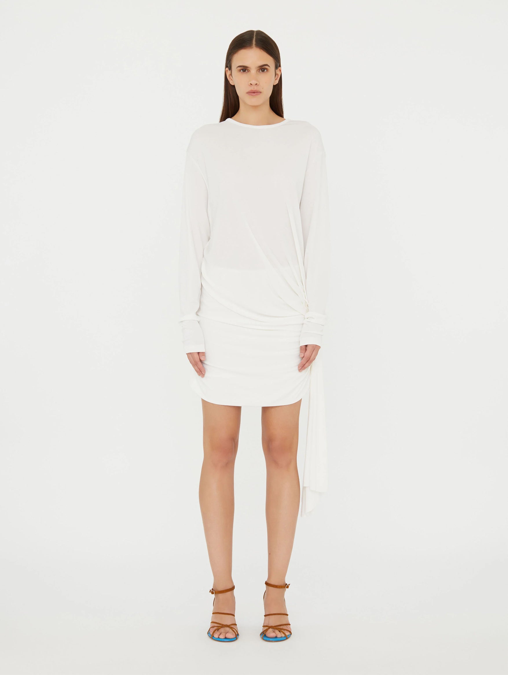 Side Cowl Drape Extension Dress in White