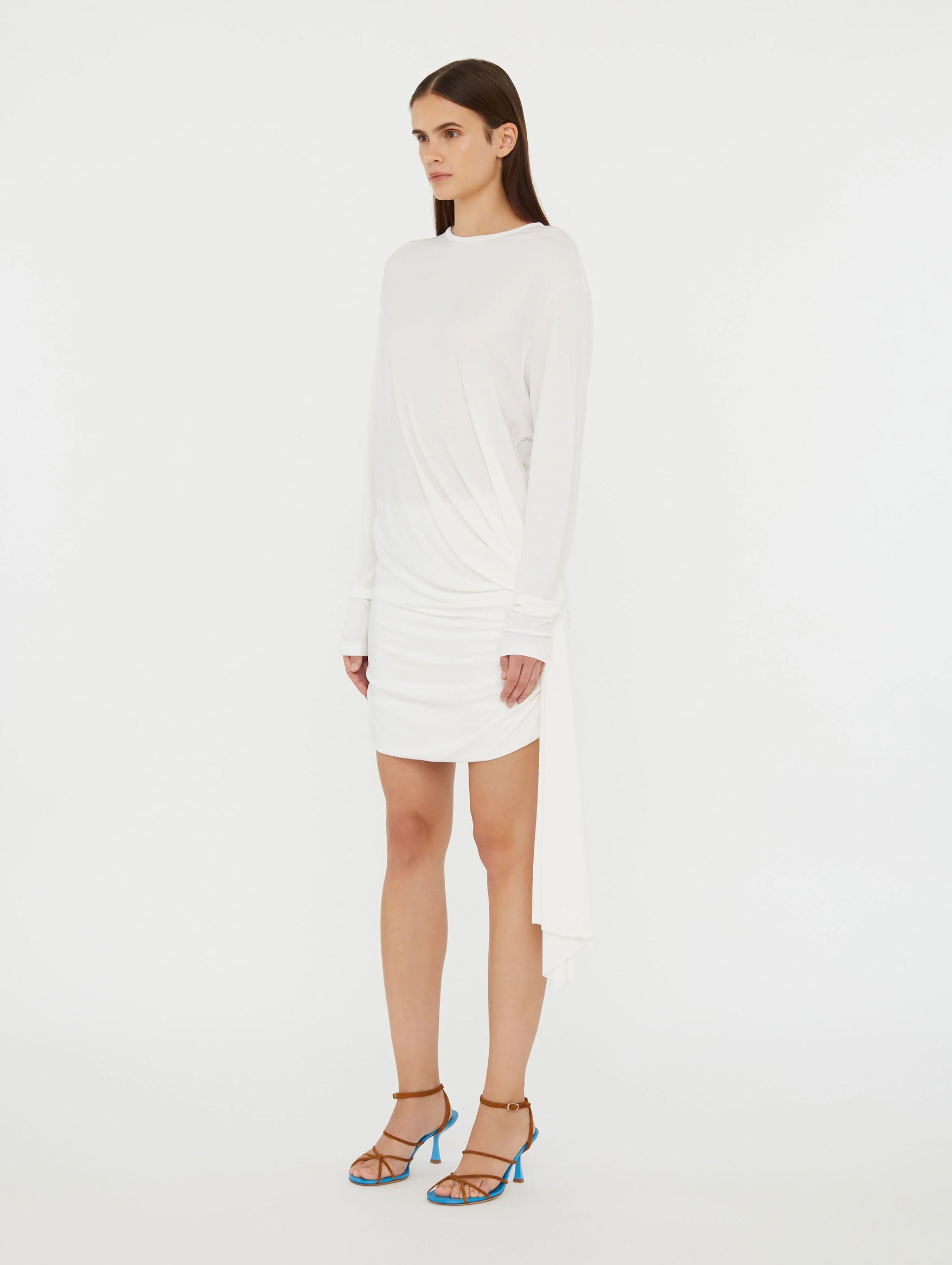 Side Cowl Drape Extension Dress in White