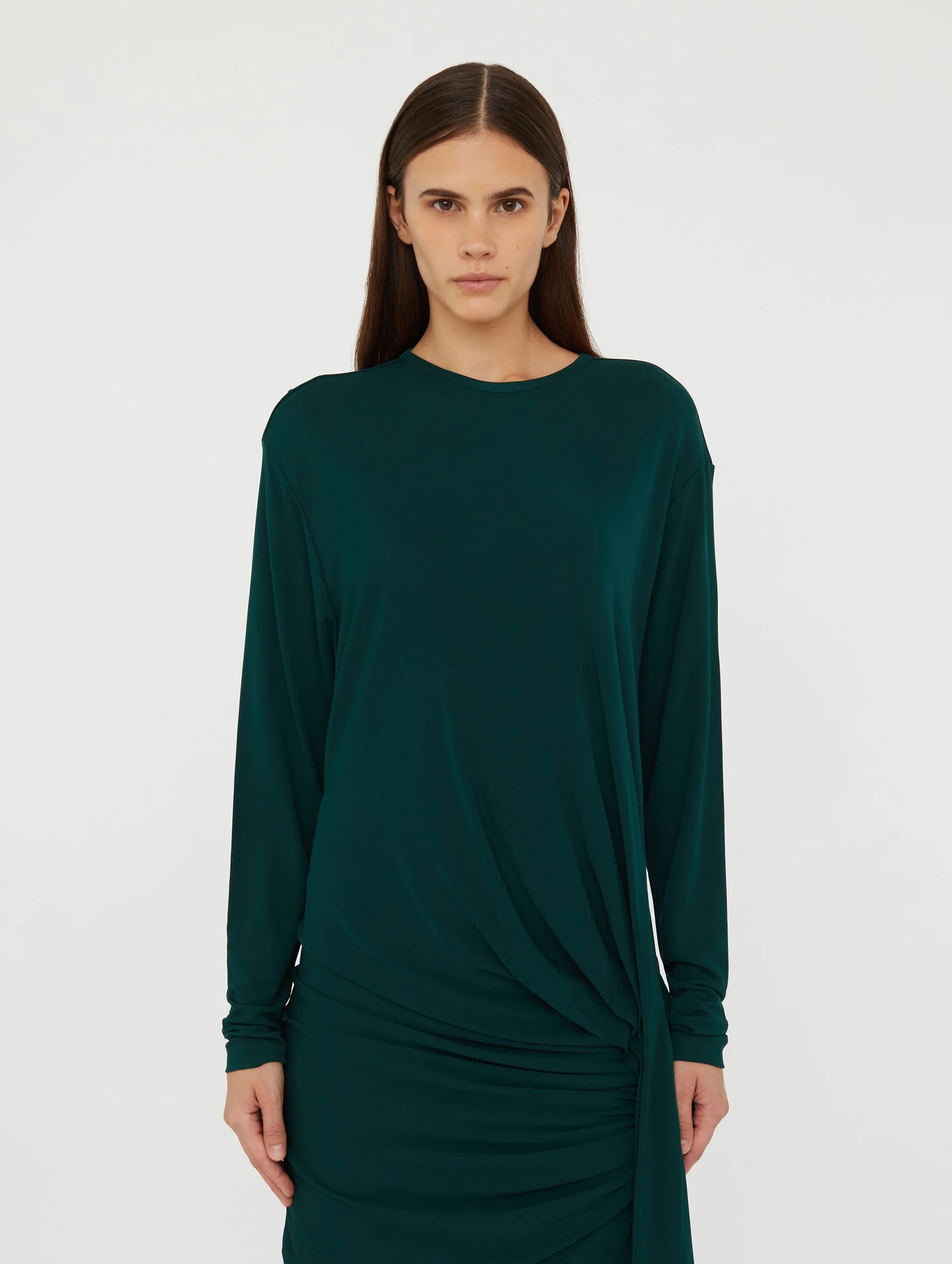 Side Cowl Drape Extension Dress in Evergreen