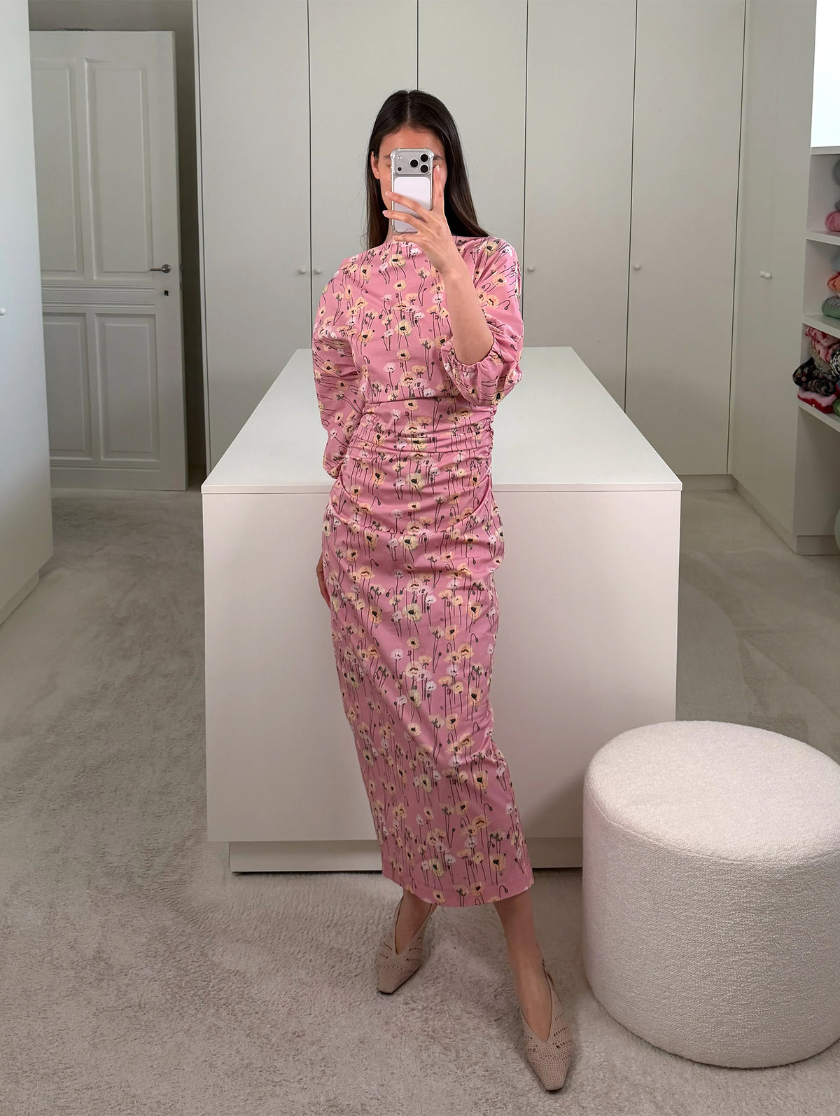 Ezra Dress in Small Poppies Yellow on Pink