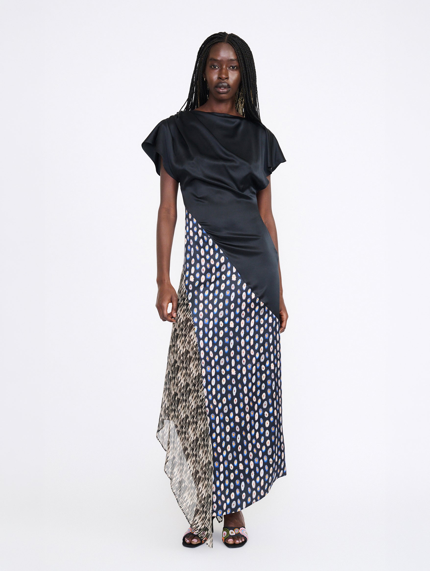 Fawn Silk Dress in Black/Navy Multi