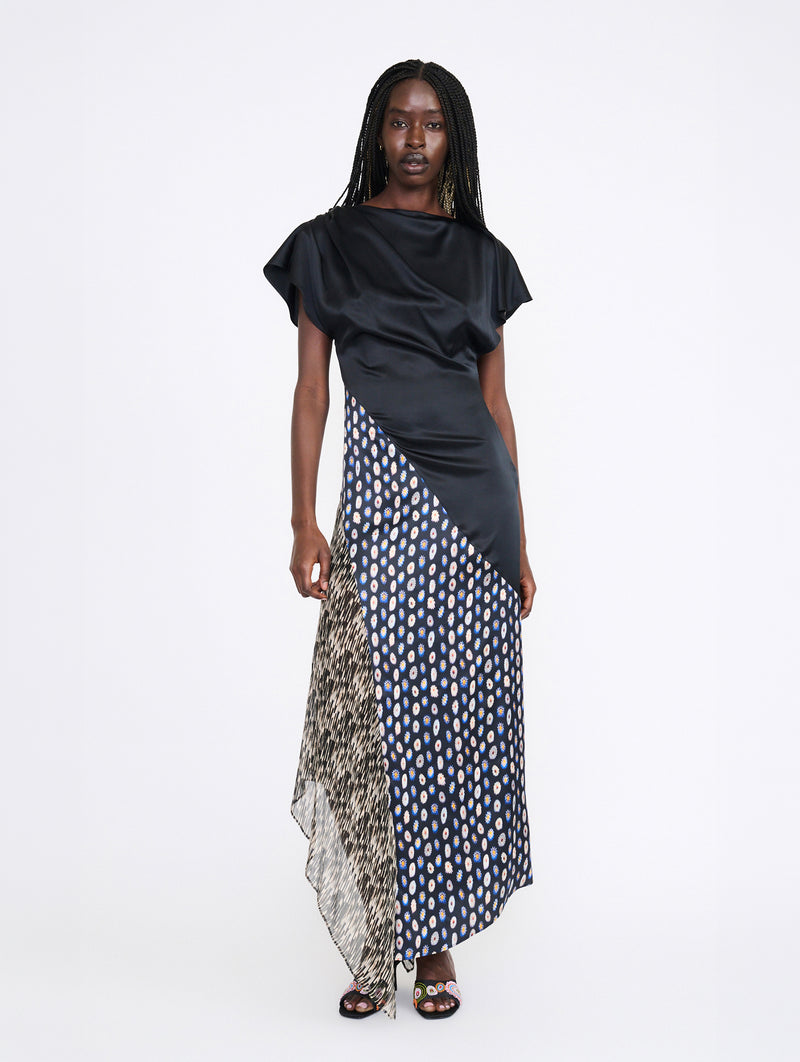 Fawn Silk Dress in Black/Navy Multi