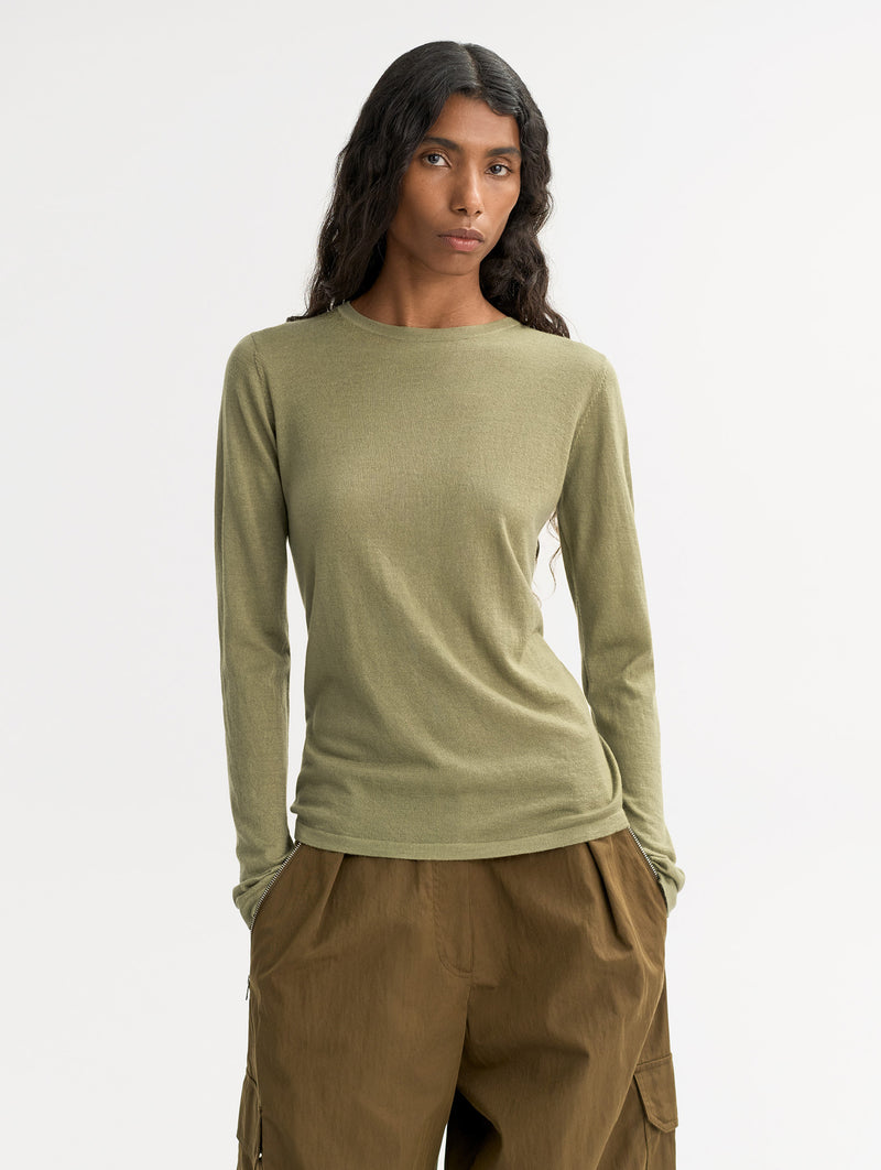 Featherlight Cashmere Silk Crewneck in Khaki