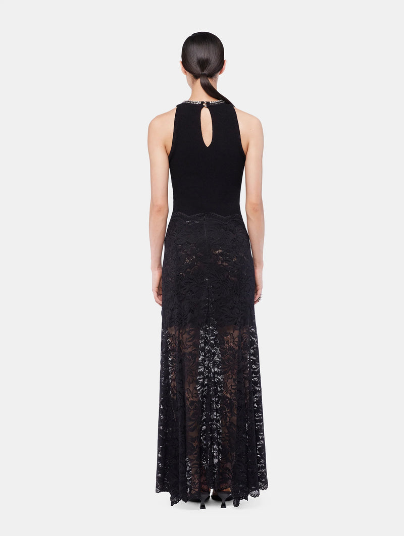 Long Flared Lace Skirt in Black
