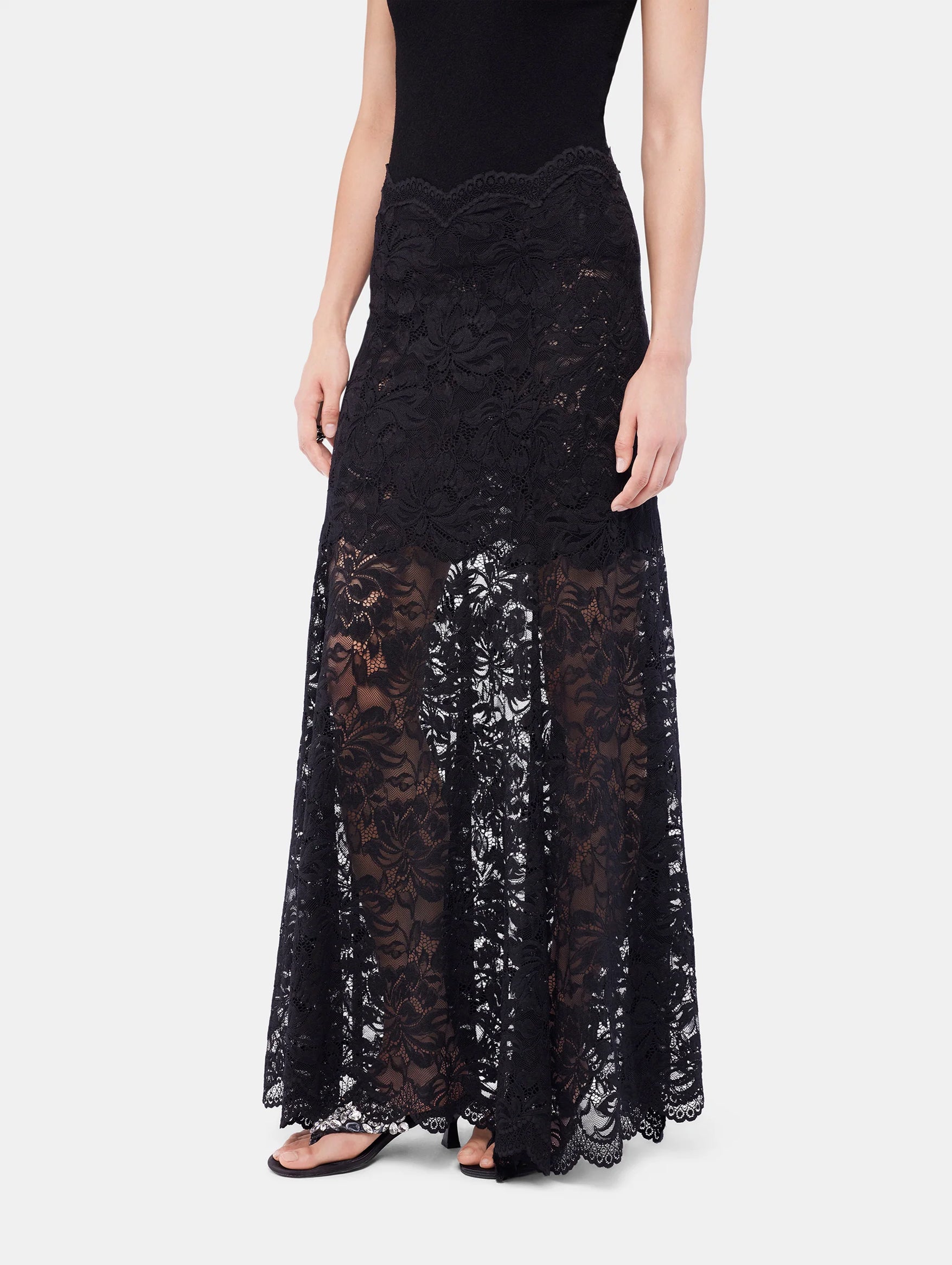 Long Flared Lace Skirt in Black