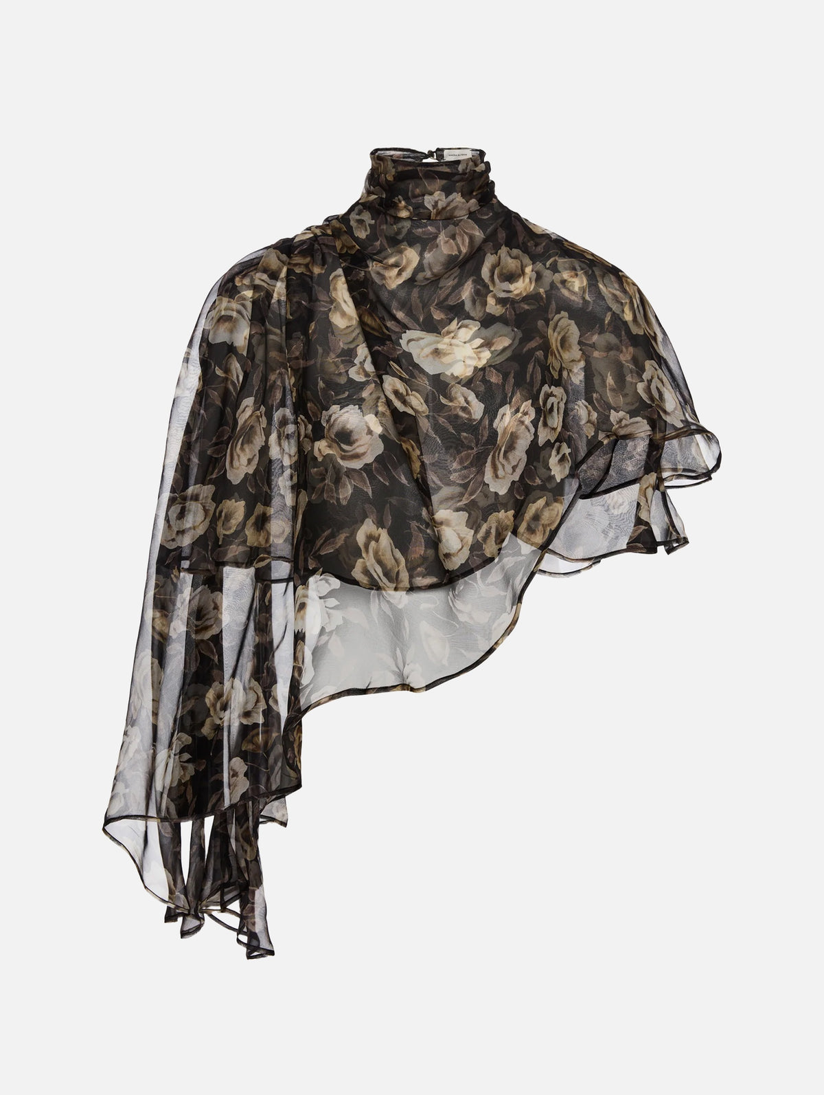 Flowy High-Neck Cropped Blouse in Black Print