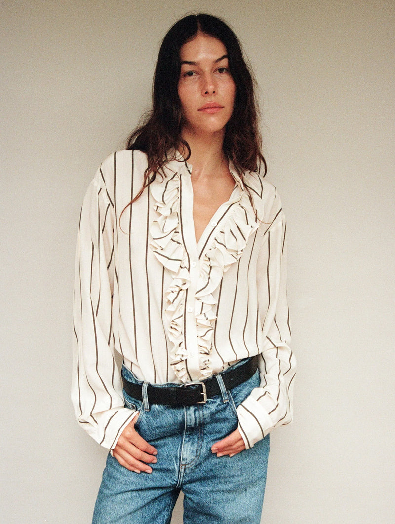 For The Frill Of It Shirt in Marshmallow and Olive Stripe