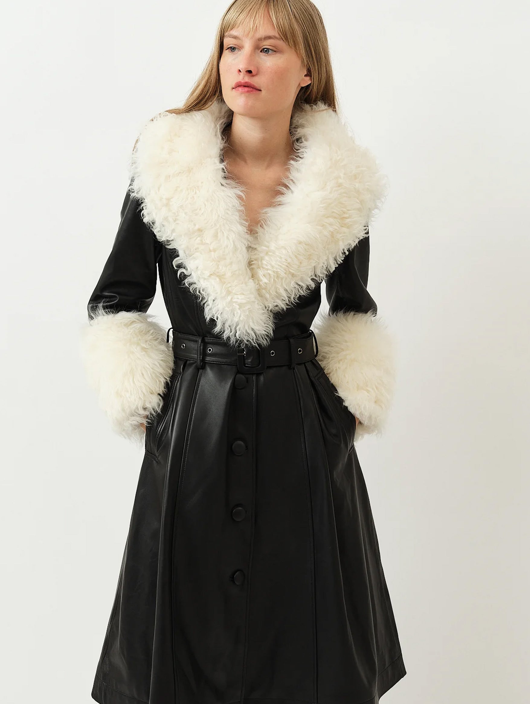 Foxy Shearling Coat in Black & Cloud
