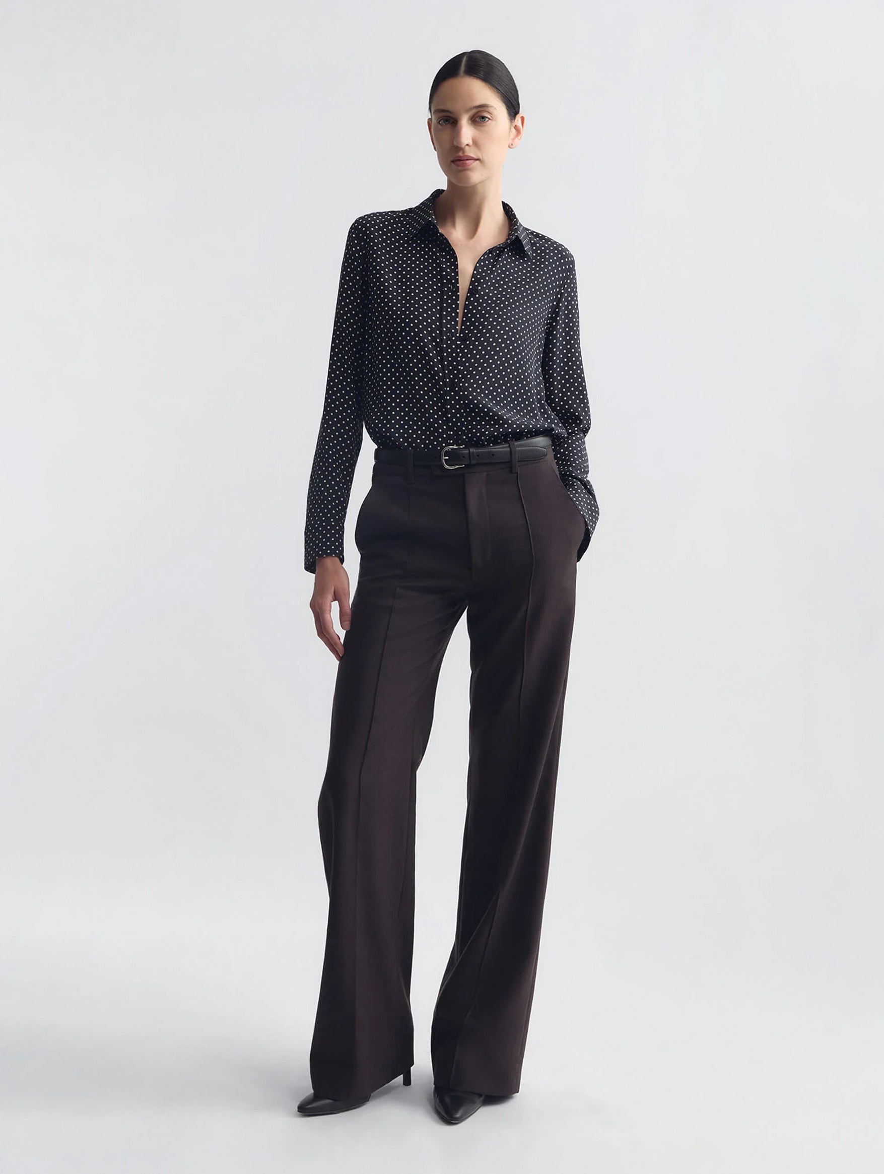 Gaia Silk Shirt in Obsidian / Ivory Polka Dot